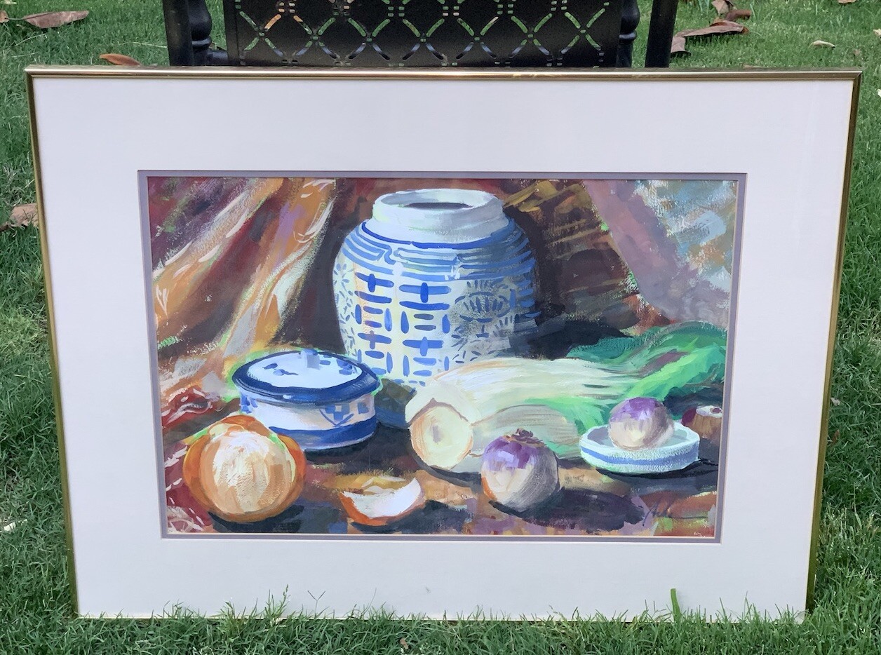 Modern Steve Achs Still Life ‘Chines Vase & Vegetables Watercolor 22.25”x29.25”