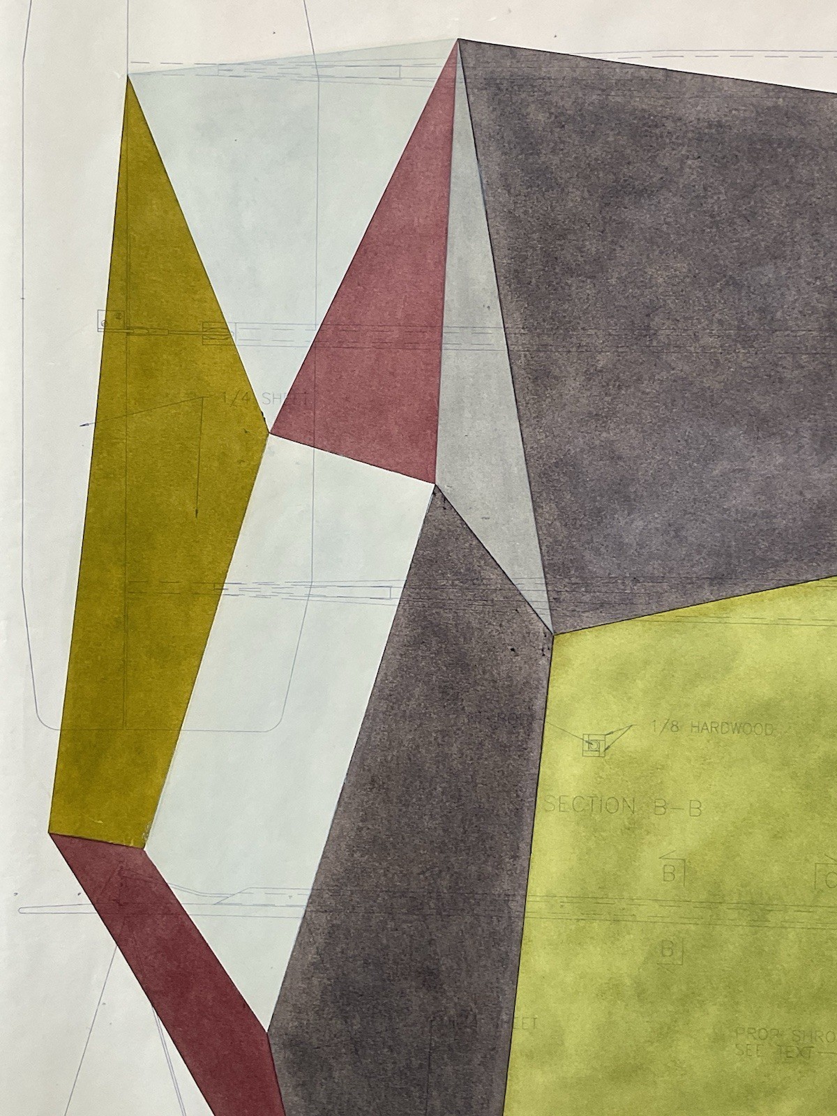 Mid-Century Modern Geometric Abstract Painting Vintage Aviation Blueprint Paper
