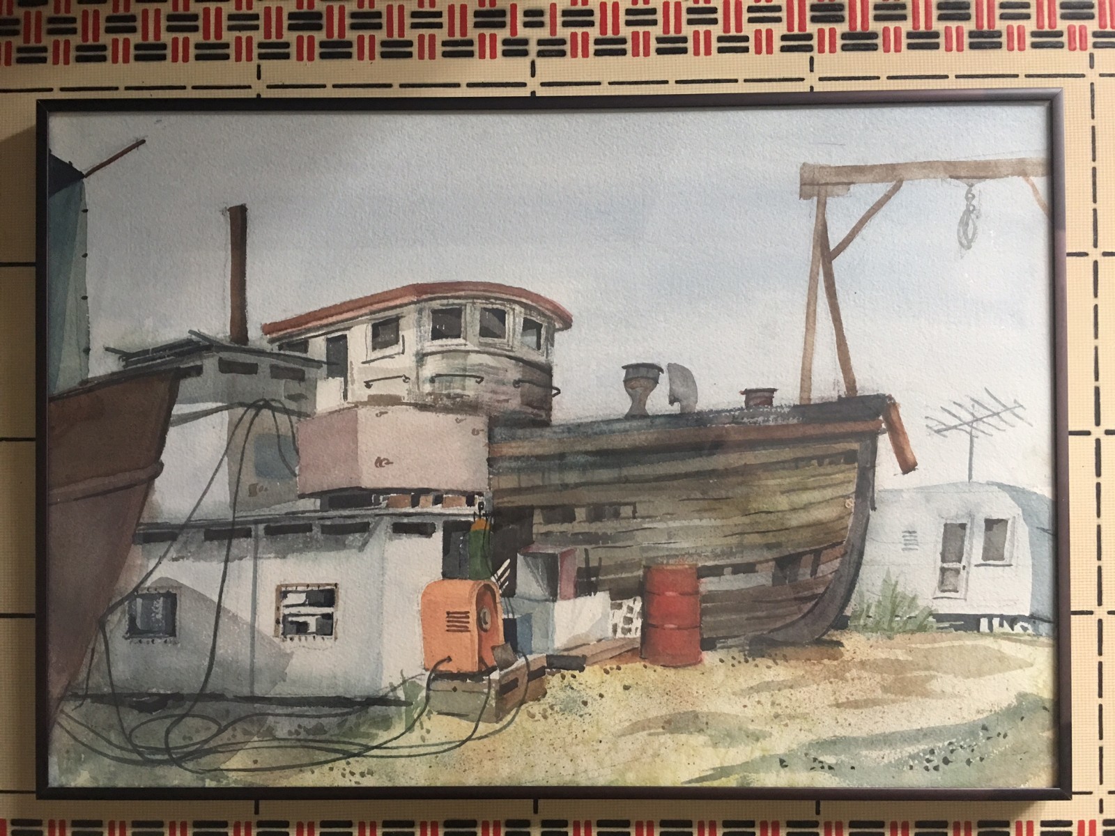 California School Watercolor Boat Dry Dock Industrial Plein Air Trailer Welding
