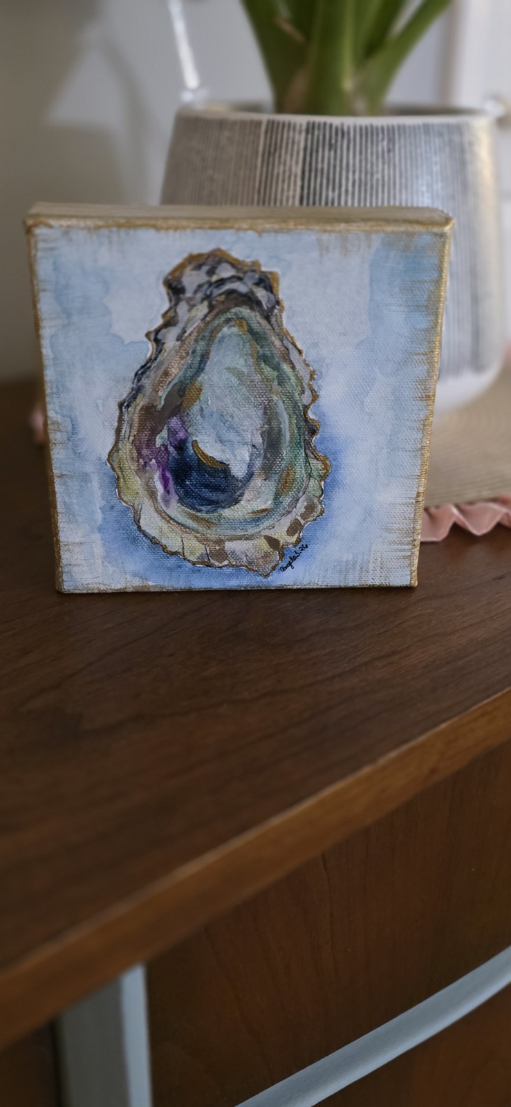 6×6 Original Oyster Shell Painting Small watercolor on Canvas