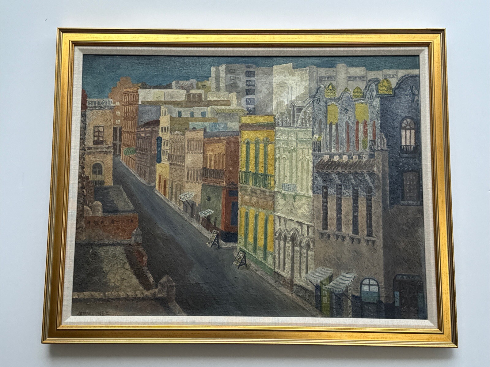 ANTIQUE PAINTING URBAN REGIONALISM WPA STYLE Mid Century MARTINEZ STREET SCENE