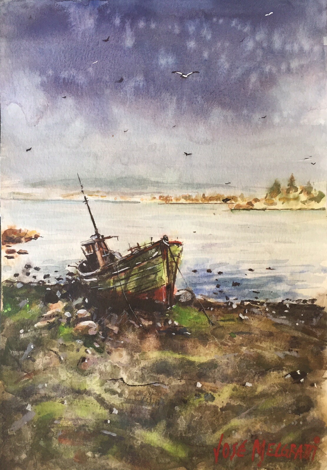Original Watercolor Painting Forgotten Boat 7.1/2″ X 11″
