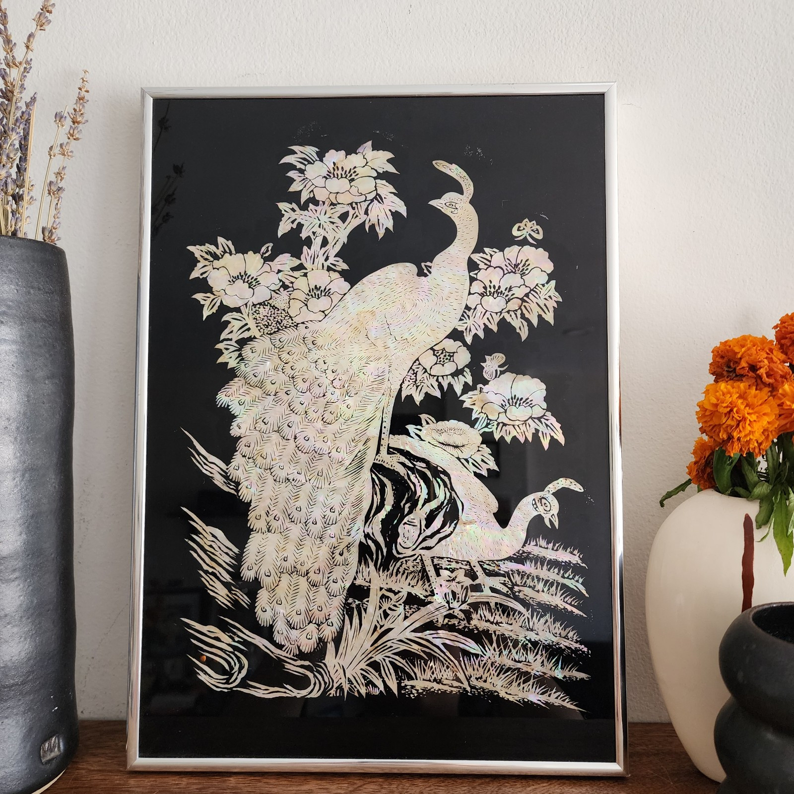 Vintage 80’s Clark Framed Mother of Pearl Peacock Iridescent Design Art
