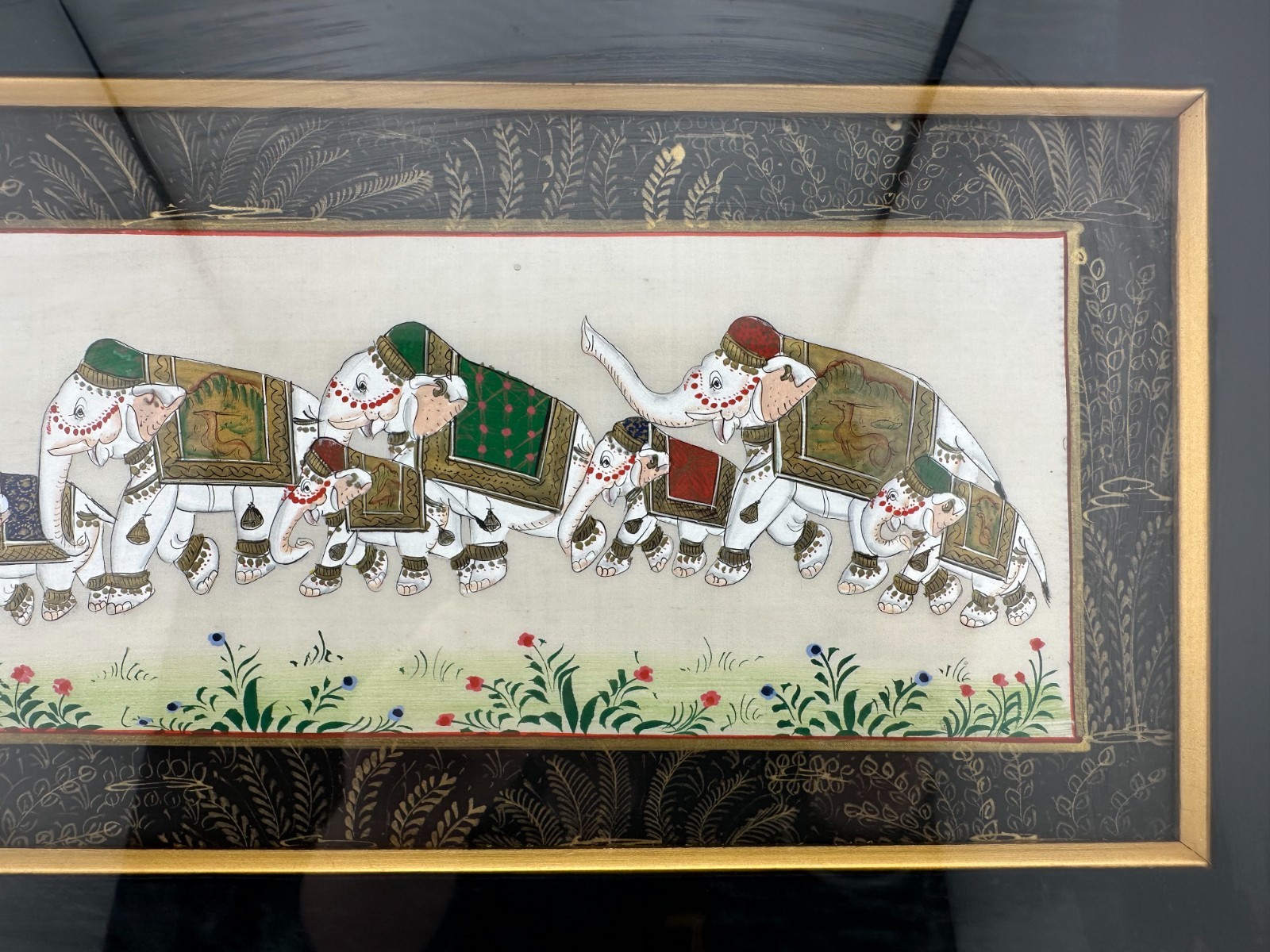 Framed Indian Miniature Elephant Procession Painting Silk Art Gold Frame 17 In