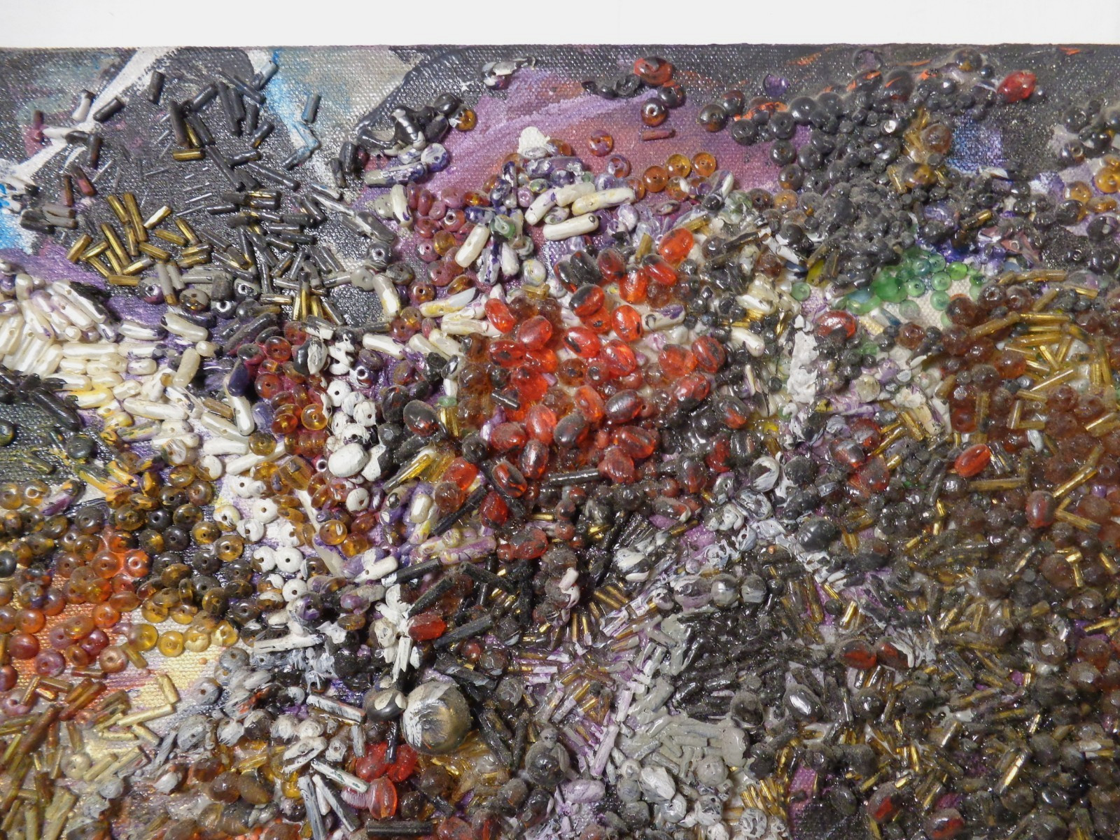 PADA, 1986 ‘DUST & SHADOW’ VINT SIGNED PAINTED/BEADED ABSTRACT COLLAGE on CANVAS