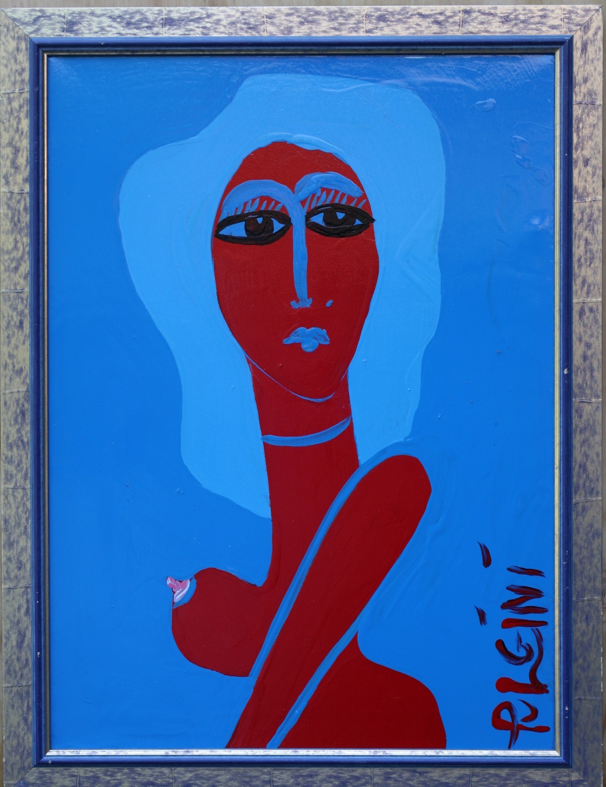 Thomas Pulgini, Listed American Artist, Oil/c ABSTRACT RED WOMAN with BLUE HAIR