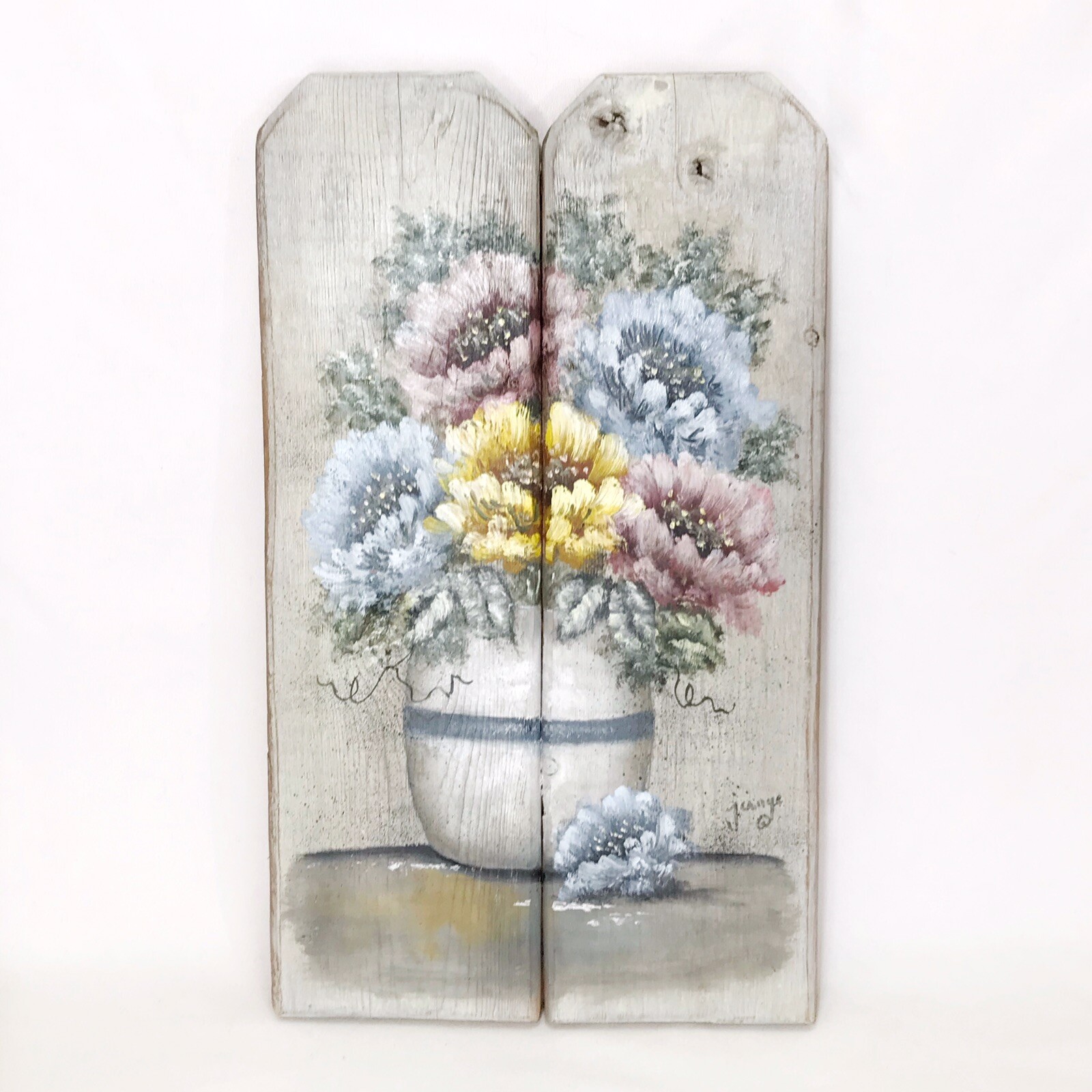 Folk Art Painting on Boards Vintage Peonies In Crock 11.5 x 7 Signed Floral