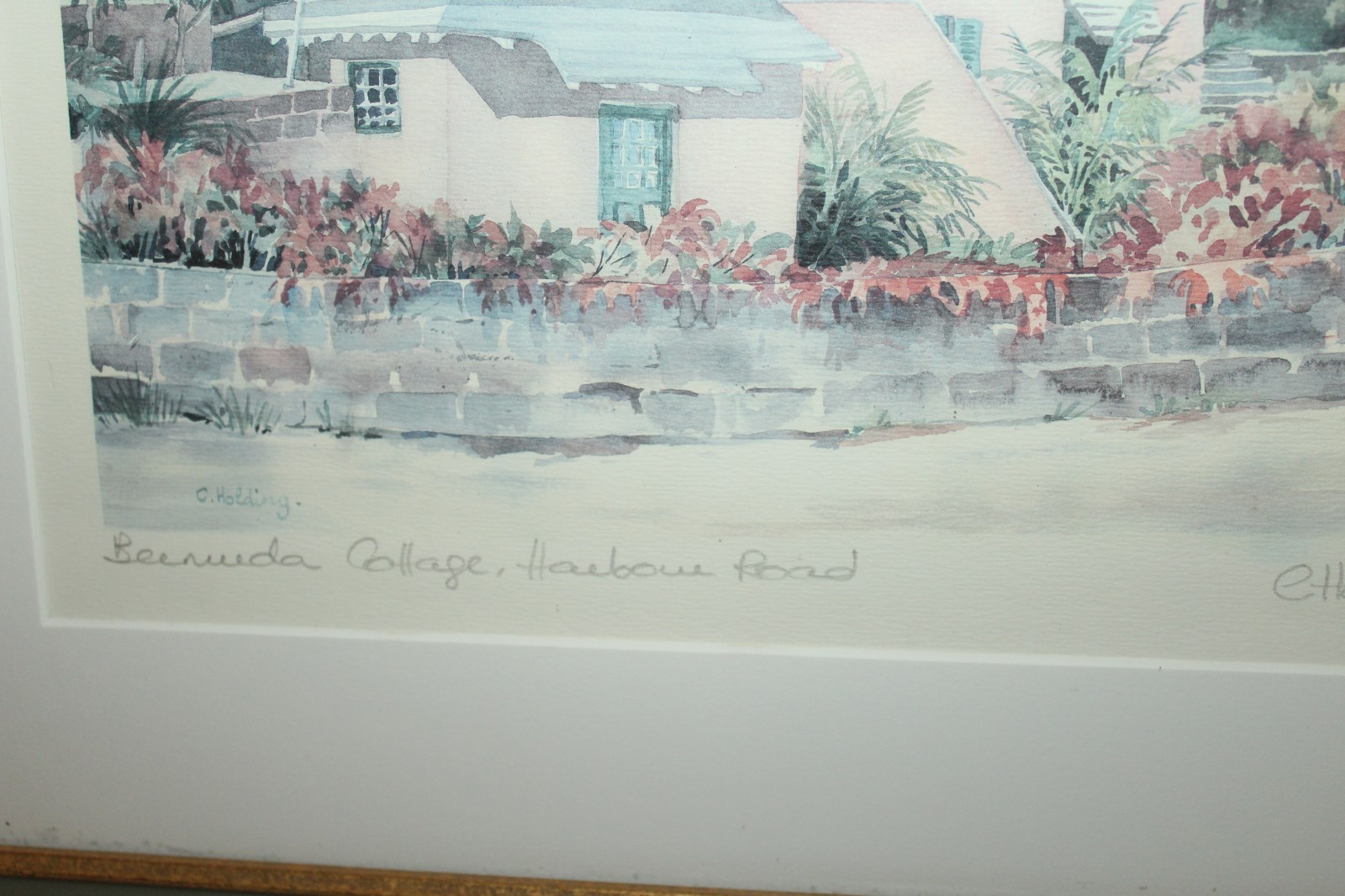 Framed C. Holding Signed BERMUDA COTTAGE HARBOUR ROAD Watercolor Print