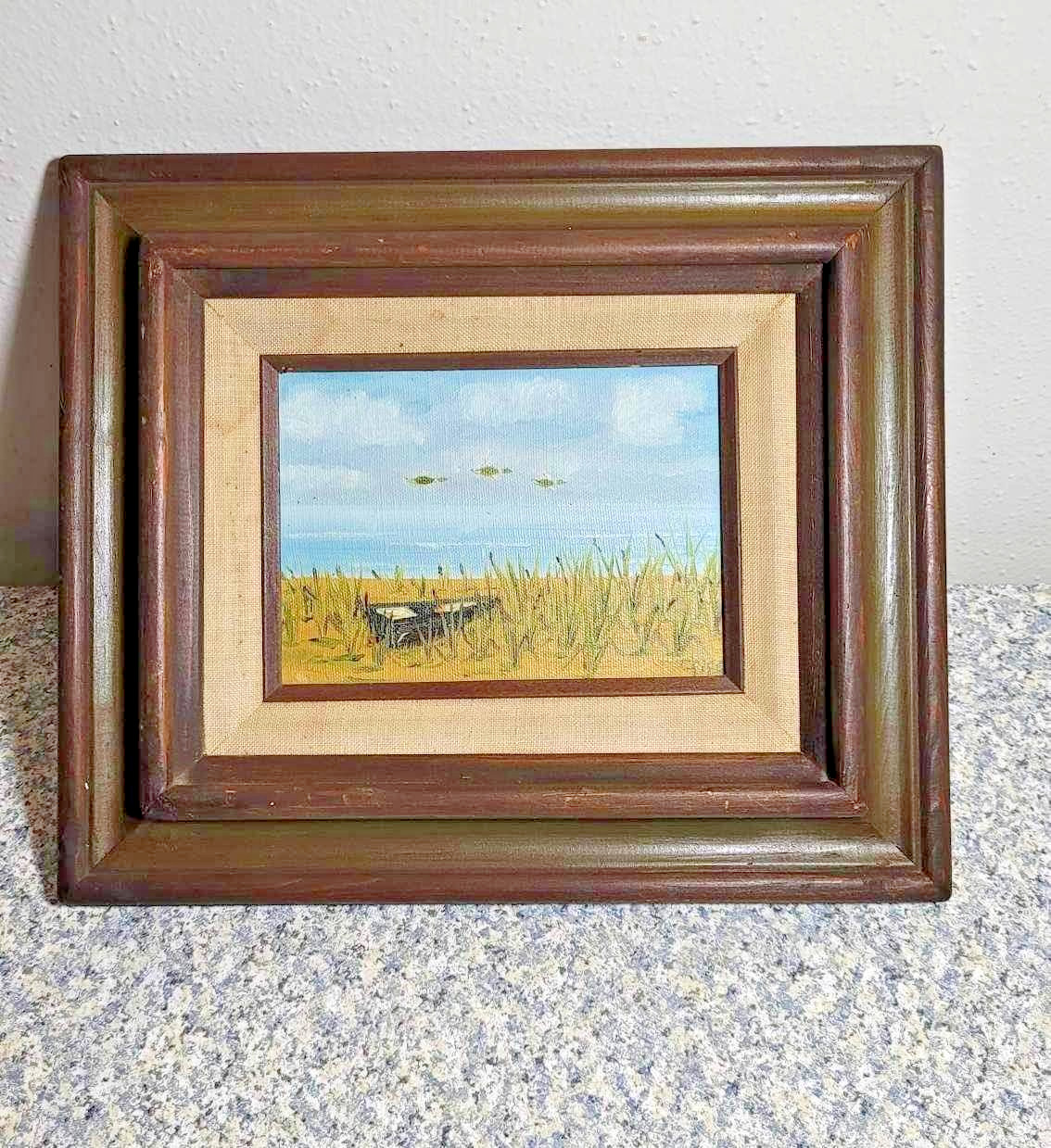 Vintage Mexican Oil Painting Coastal Landscape Ducks Mid-Century Wood Frame