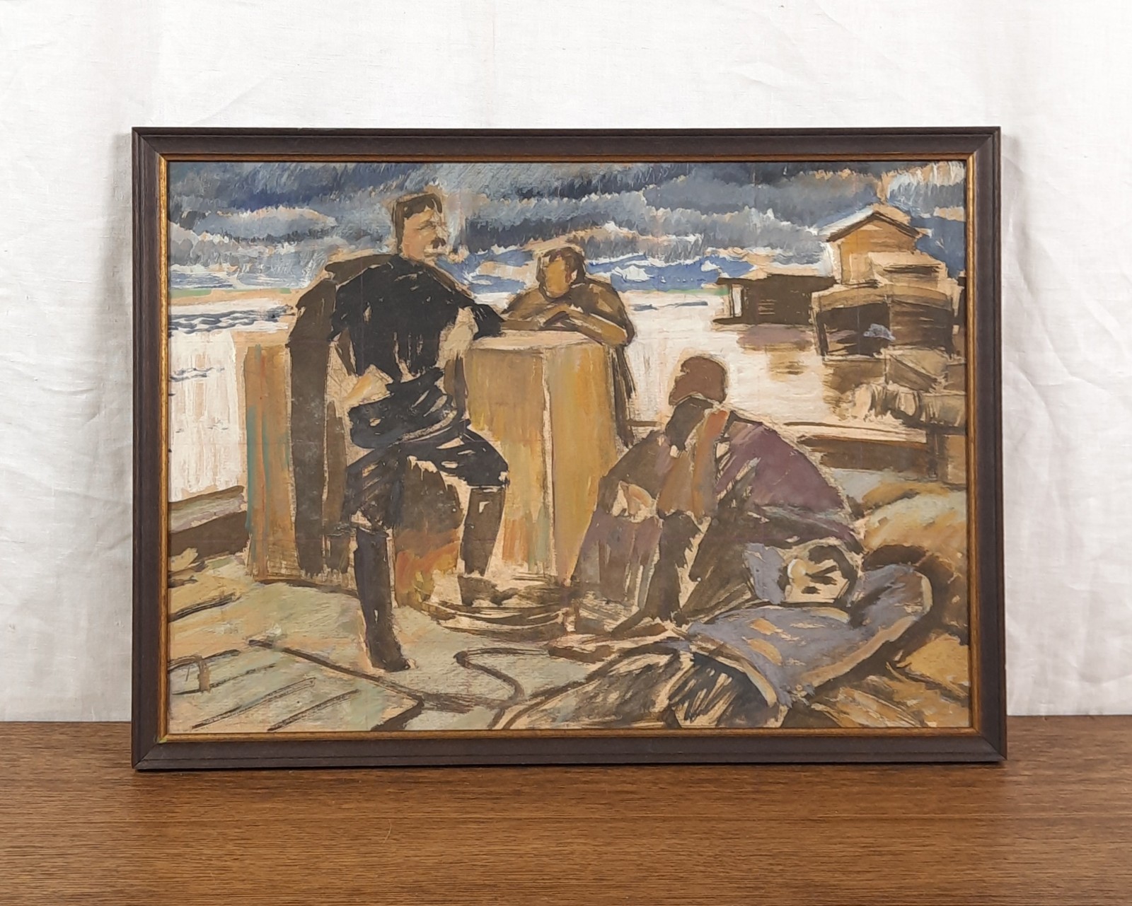 1960s Vintage Figurative Watercolor Harbor Scene Workers Boats Mid Century Art