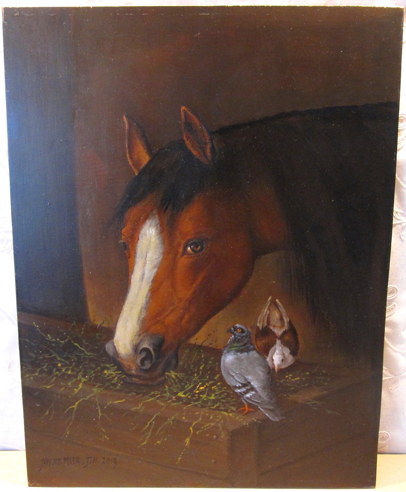 Horse Stable Doves Still Life Painting Copyist after Wouterus Verschuur 1812-1874