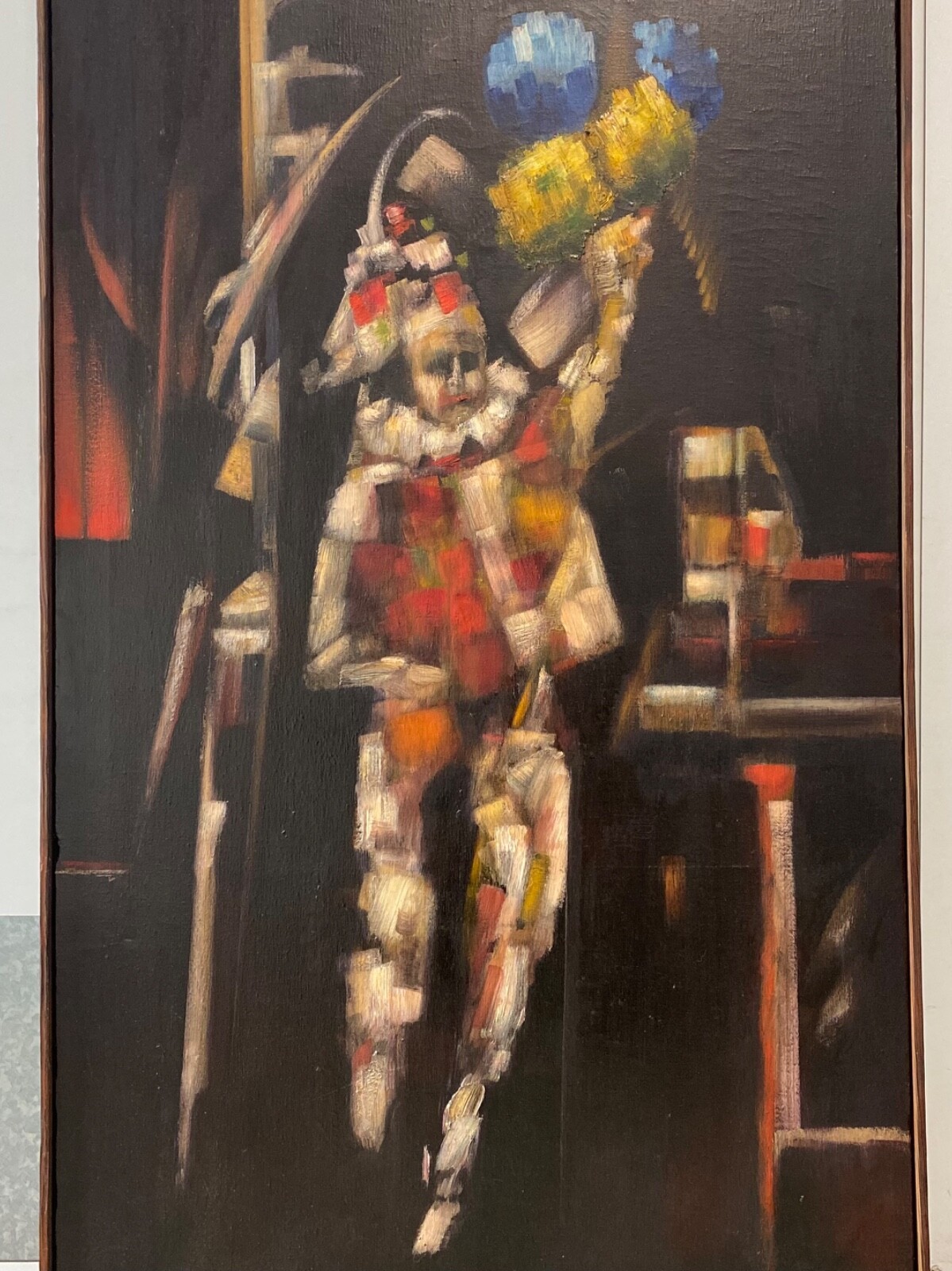 🔥 Vintage Mid Century Modern Surrealist Jester Circus Oil Painting, Signed 1964