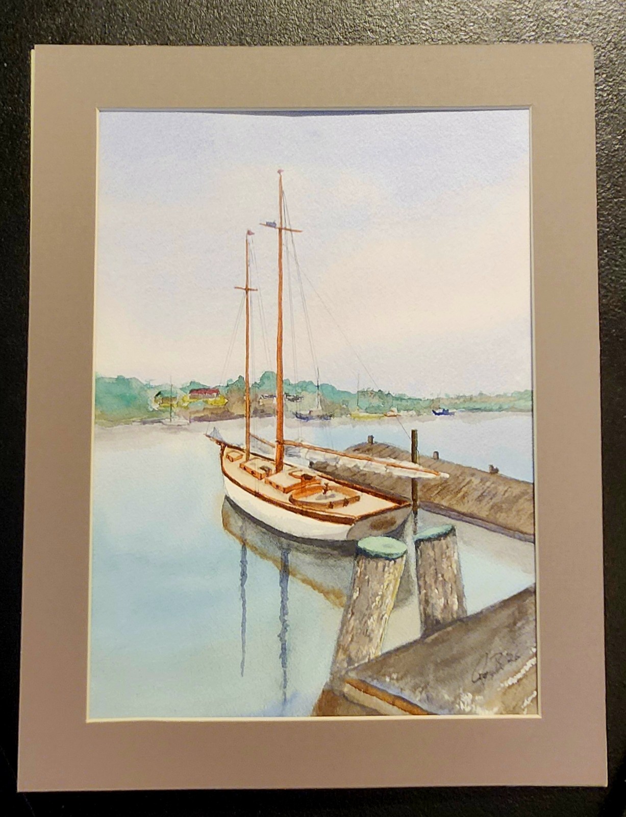 Original Watercolor Painting – Boat at Dock, Nautical Art, Matted