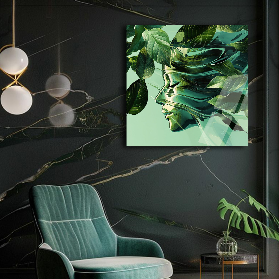 3D Painting Green Face&Leaf Art UV Printed Acrylic Glass Modern Wall Decor