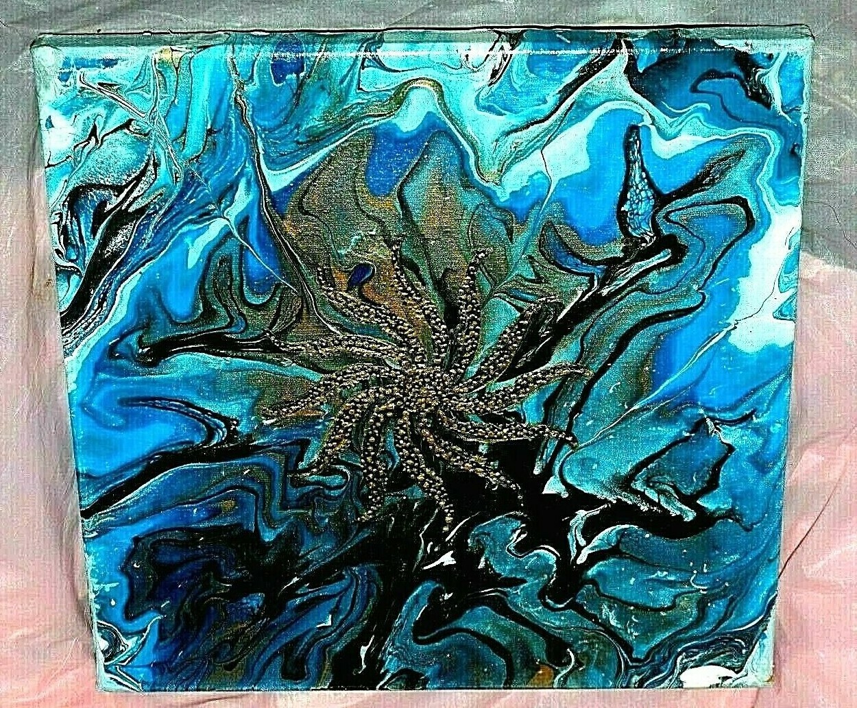 Abstract Acrylic Painting Stretched Canvas Original Golden Sun Blue
