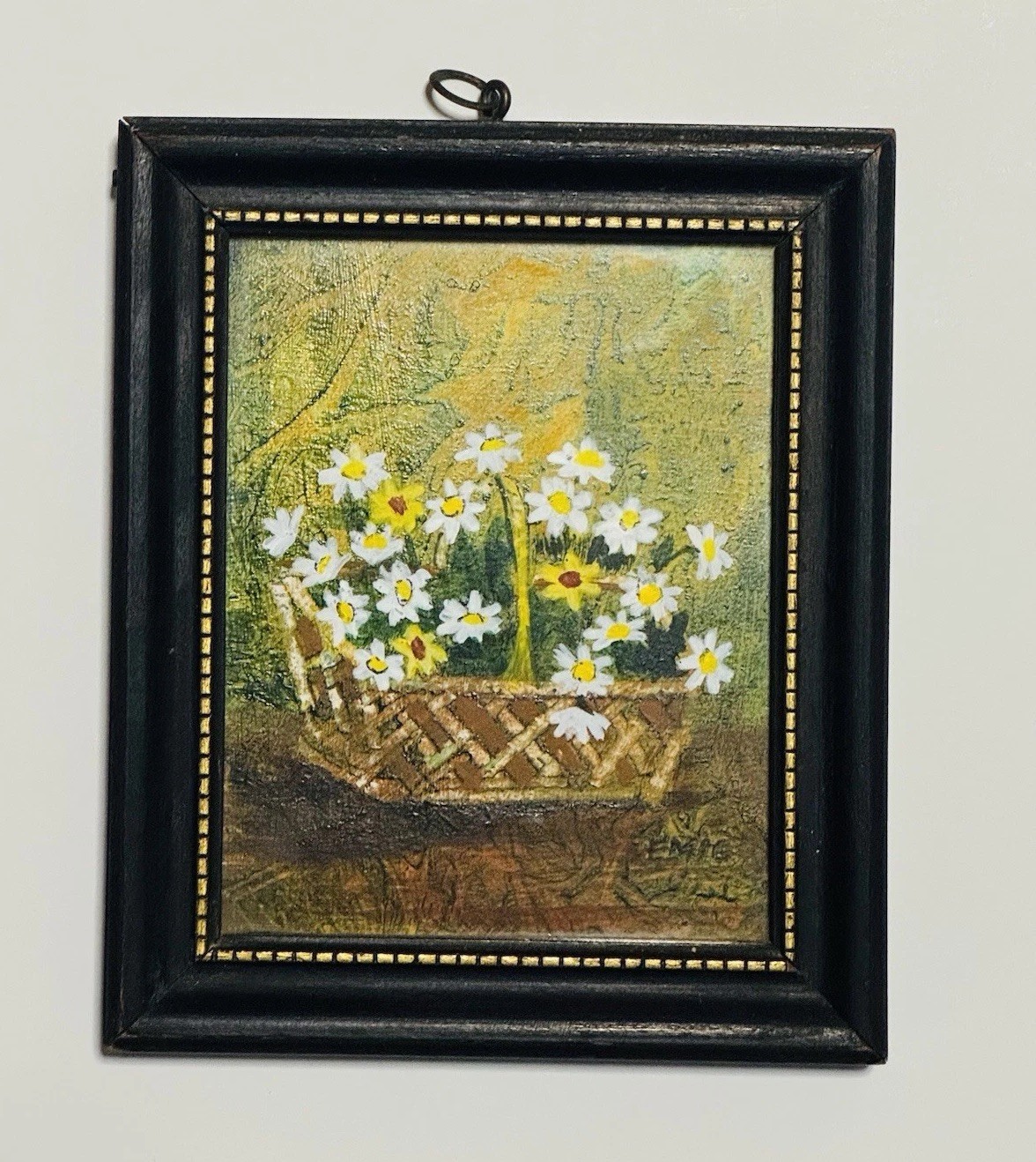 Vintage Mini Oil Painting Daisies Basket Signed EMIG Framed 5×6” Cottage Floral