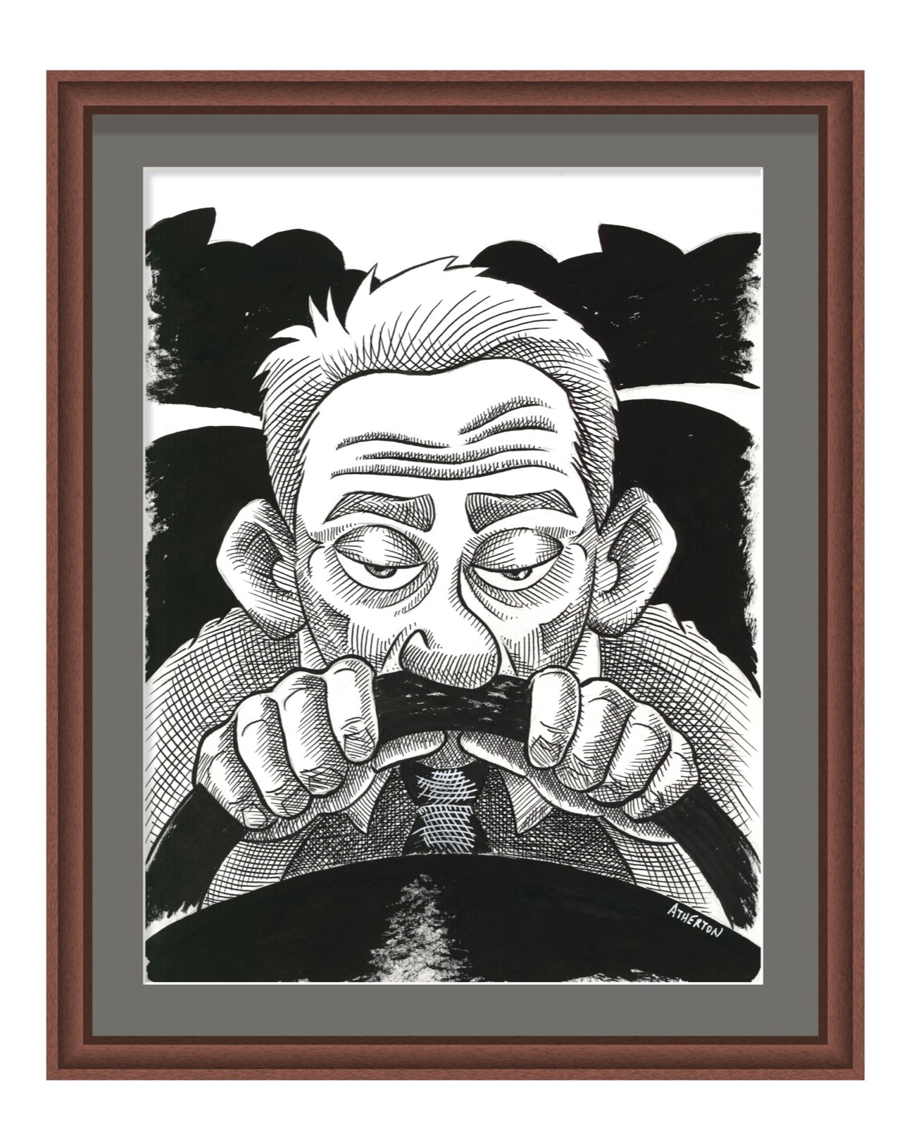 Atherton 9×12 Original Pen & ink illustration artwork «Driving Drowsy» signed