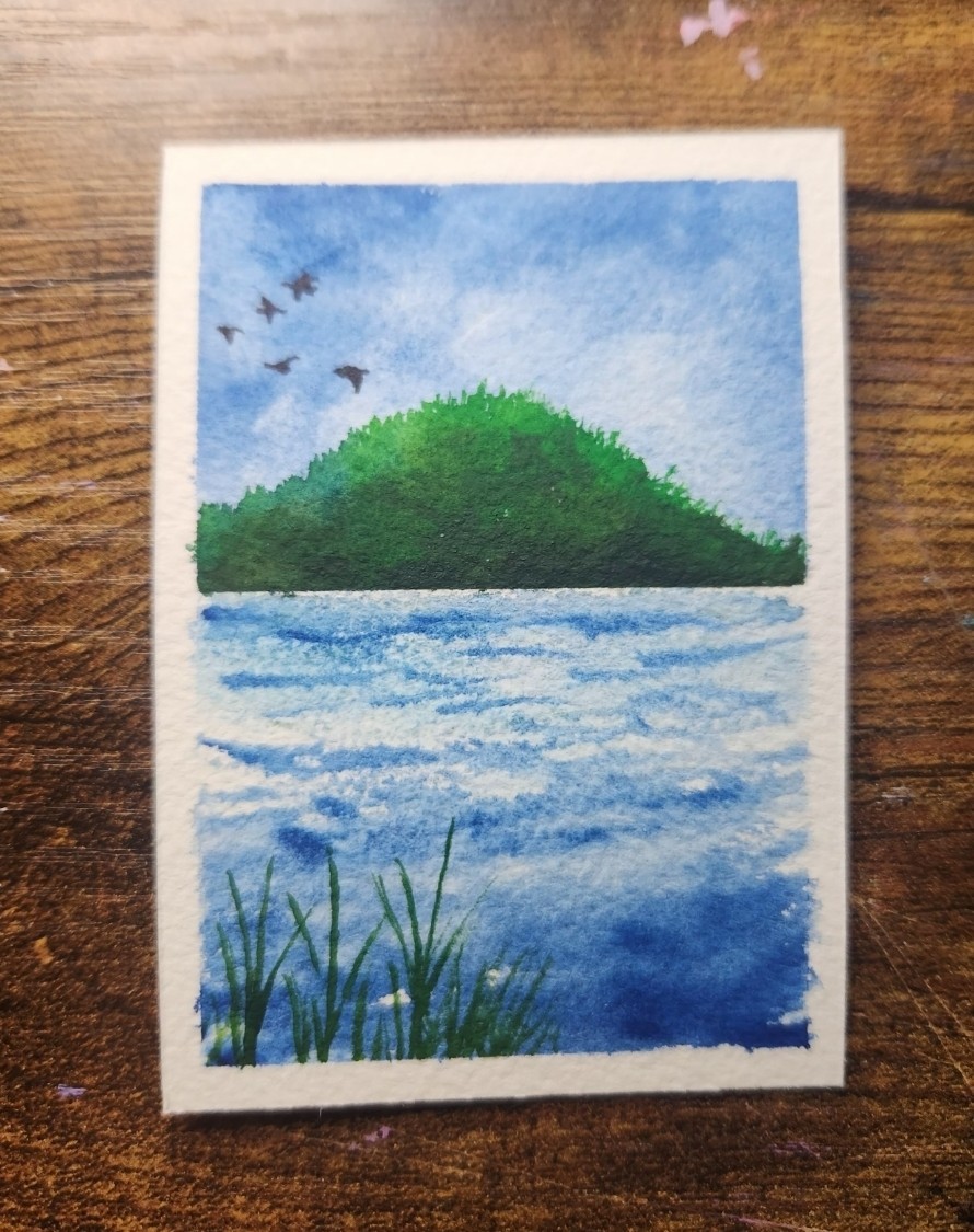 ACEO *Art Print Original Watercolor Mountain On the water 2.5×3.5