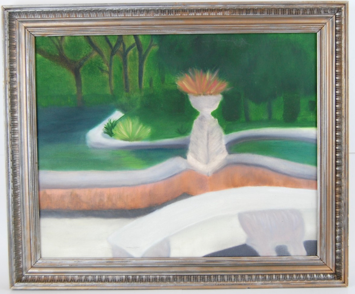 Vtg 80s Original Framed Naive Art Oil Painting «Garden & Forest Landscape» 20X16