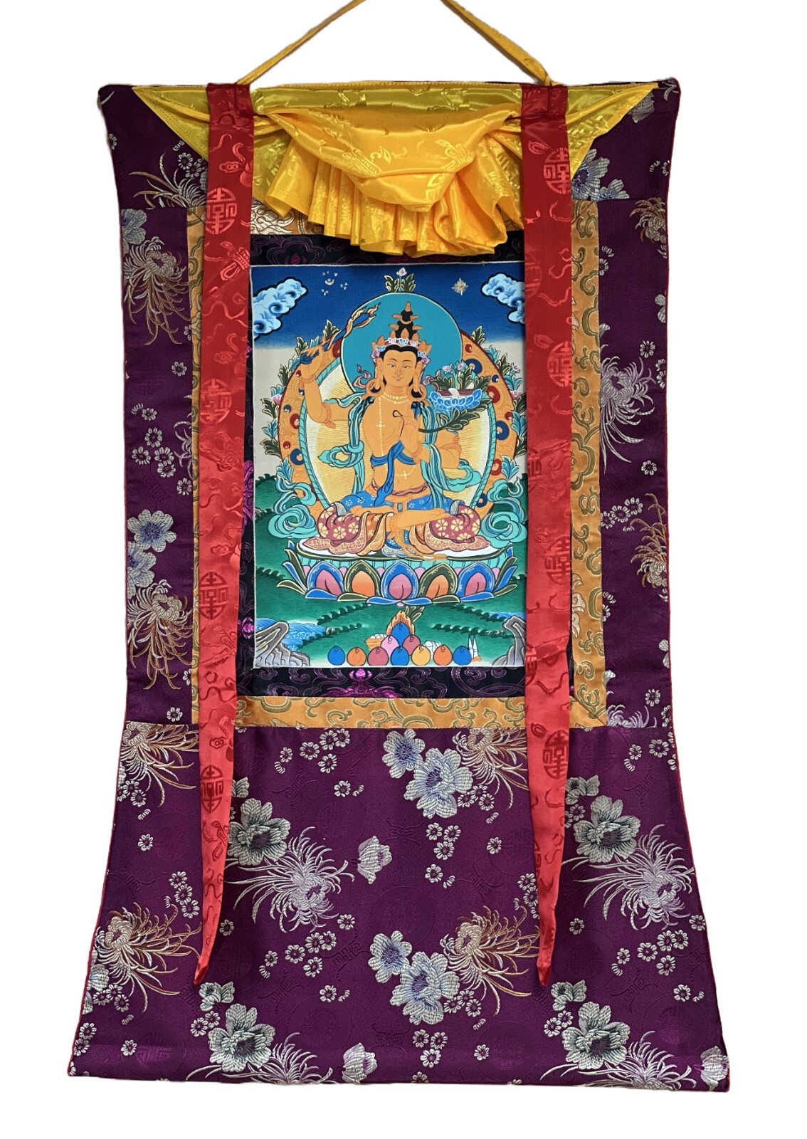MANJUSHRI/ MANJUSHREE ORIGINAL TIBETAN THANGKA PAINTING WITH SILK BROCADE