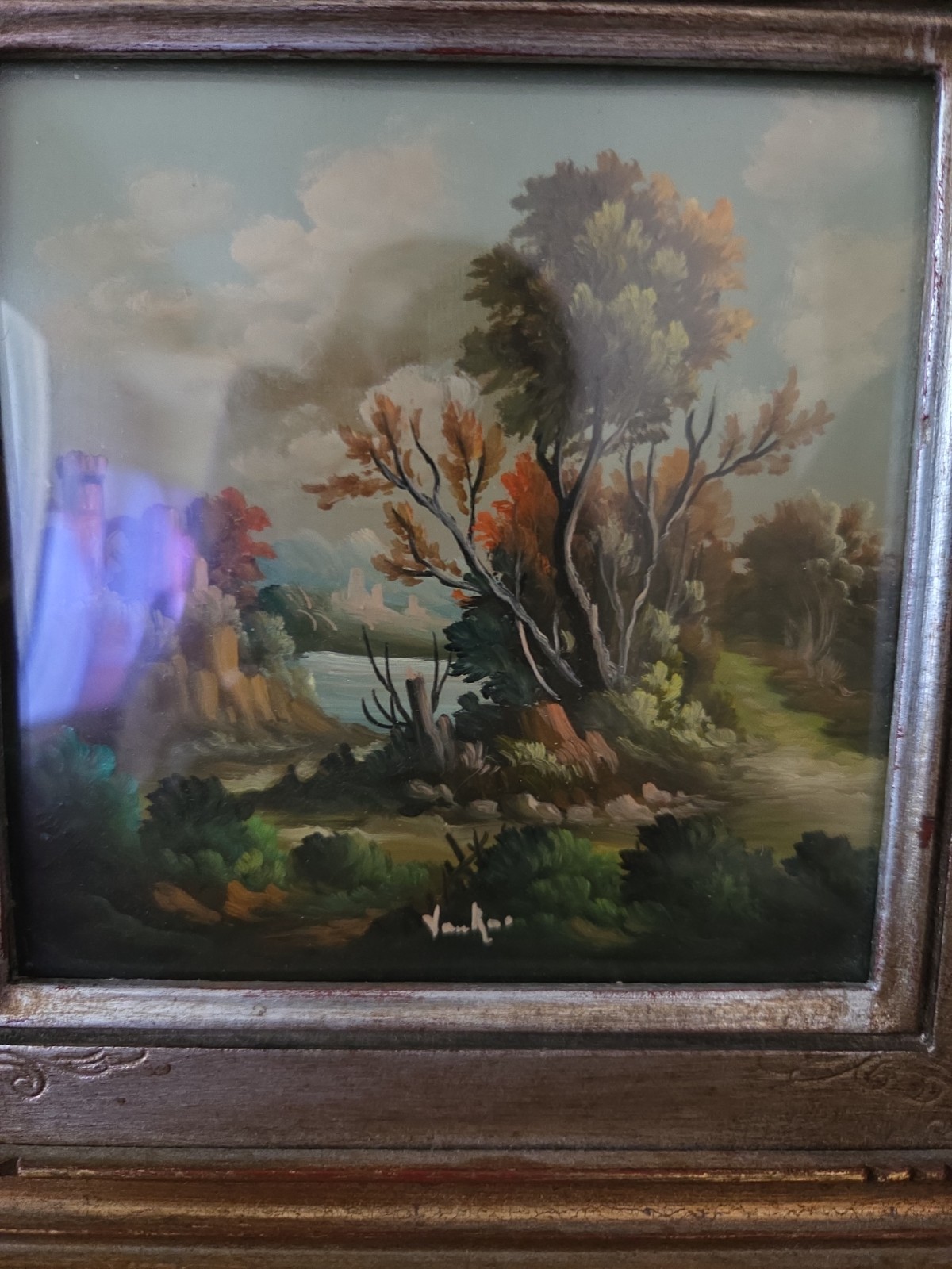 Vintage Italian Oil on Copper Painting Van Ros Signed Castle Convex Bubble Glass