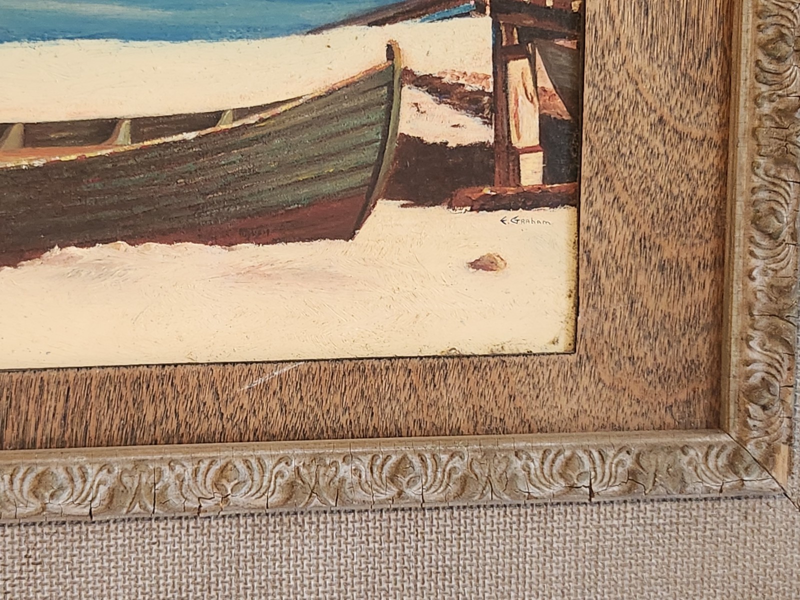 VTG COAST BEACH NAUTICAL BEACHED BOATS & ROCK FORMATIONS PAINTING by E. Graham
