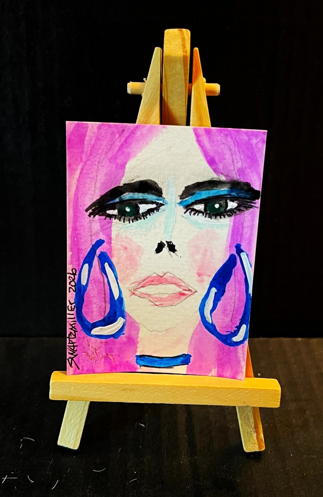 PRETTY Pop Art PORTRAIT LADY ACEO PAINTING 2.5 X 3.5 Original SWARTZMILLER DNA