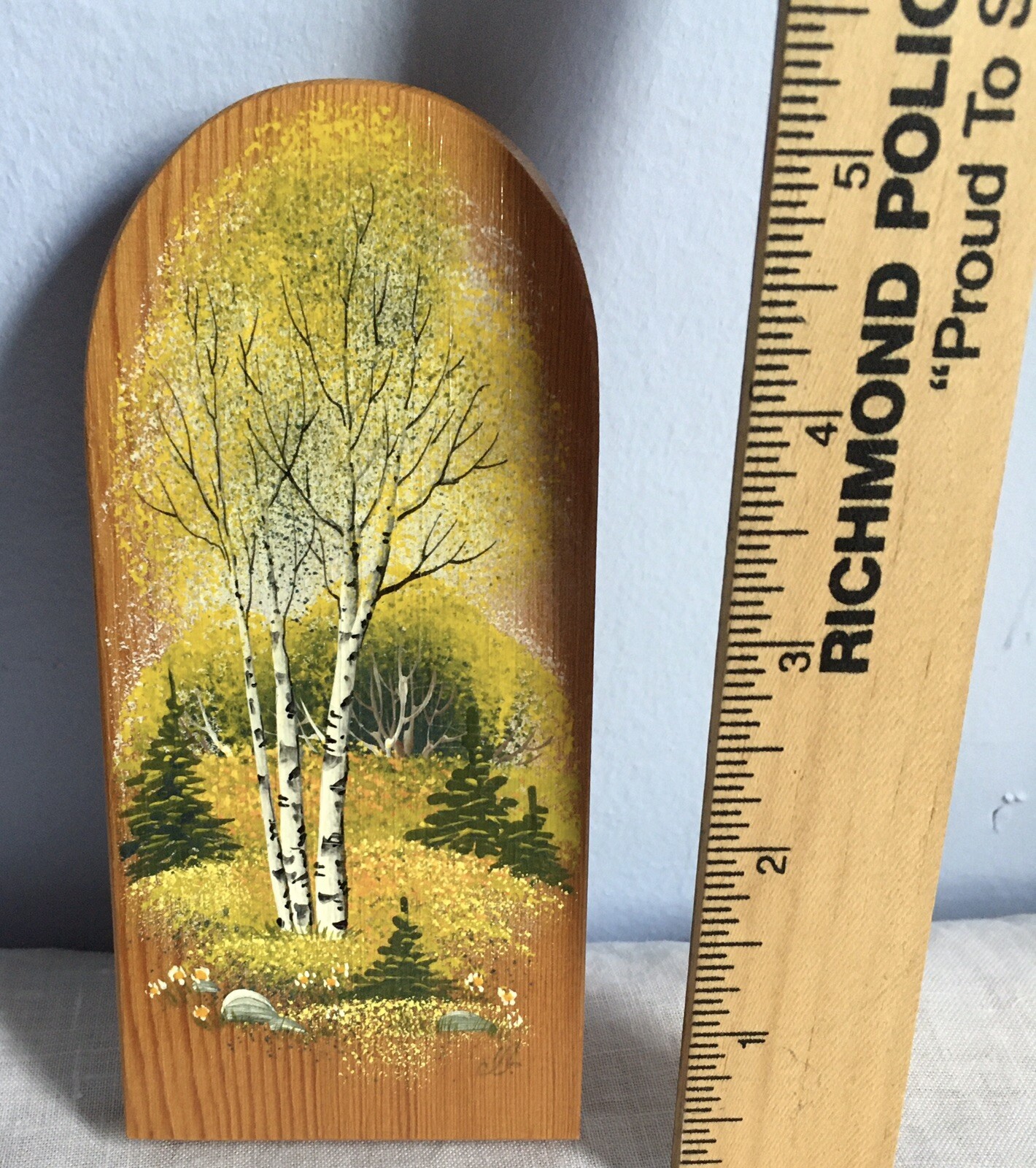Hand painted field and forest scene with white birches, on wood