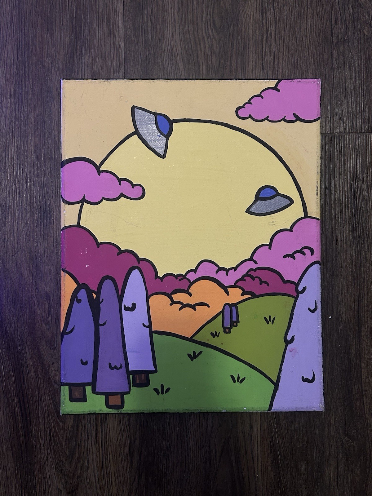 UFO Sunset Landscape Cartoon Acrylic Painting on Canvas Modern Fantasy Art 11×14