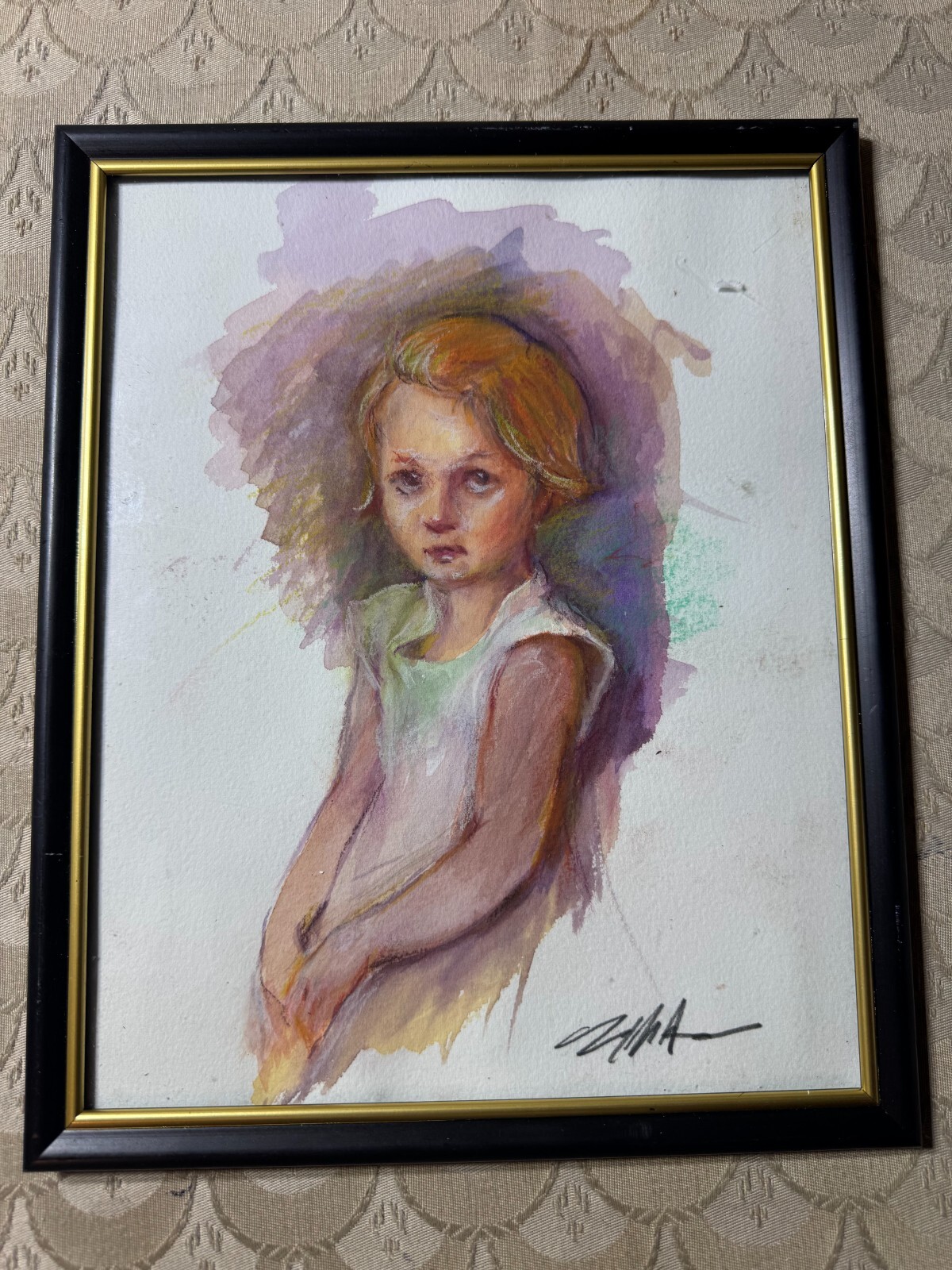 «Portrait Of A Young Girl Scene» Watercolor Painting – Signed And Framed