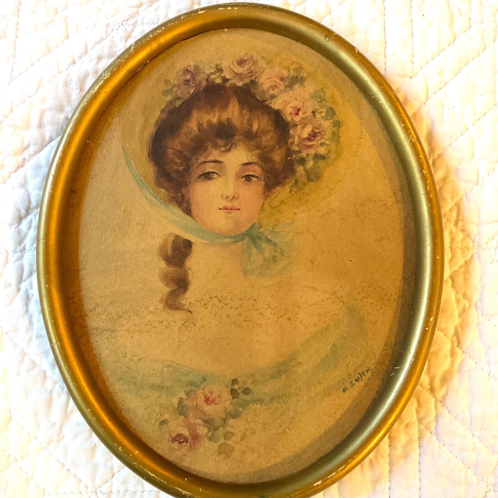 Antique lady woman portrait watercolor PAINTING original art vintage by M.Smith