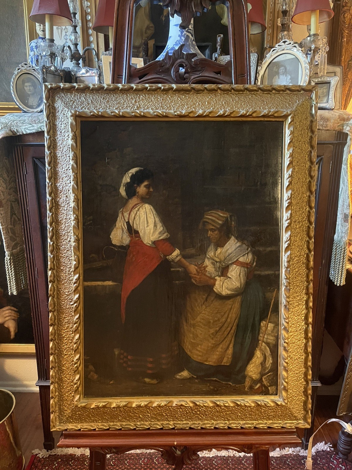 Antique 19thC Oil Painting On Canvas – Peasant Still Life Genre Scene Artwork