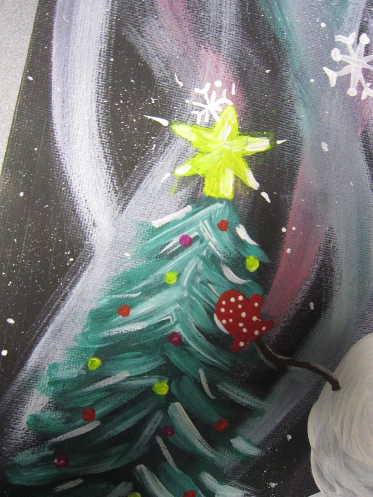 Wintery Snowman scene with a Christmas Tree under an Aurora Borealis an Original