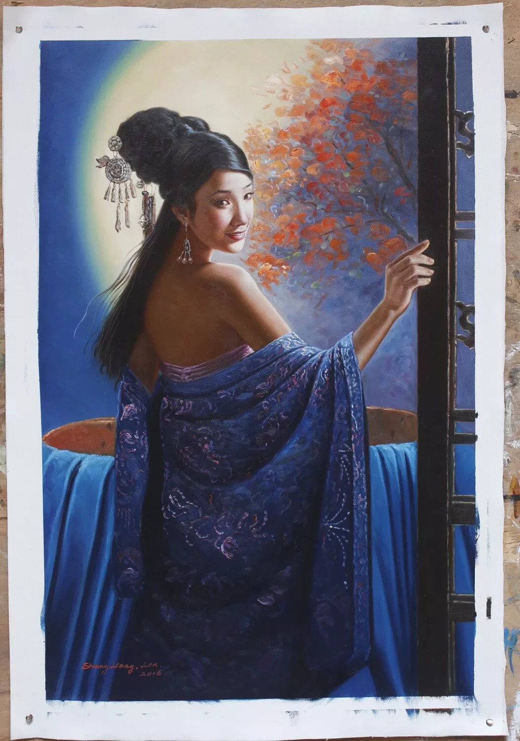 Asian Ancient Beauty Girl Original Oil Painting Portrait – Hand-Painted 24″x36″