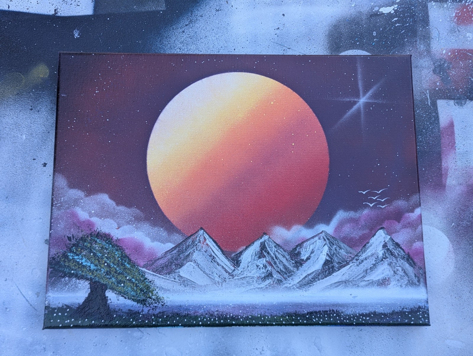 Calm Sunset, 12×16 Spray Art on Canvas. Original Work. Signed.