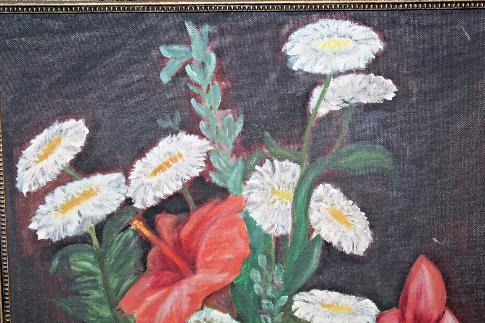 Vintage Flower Oil Painting Shabby Chic Colorful Flowers In Vase Framed