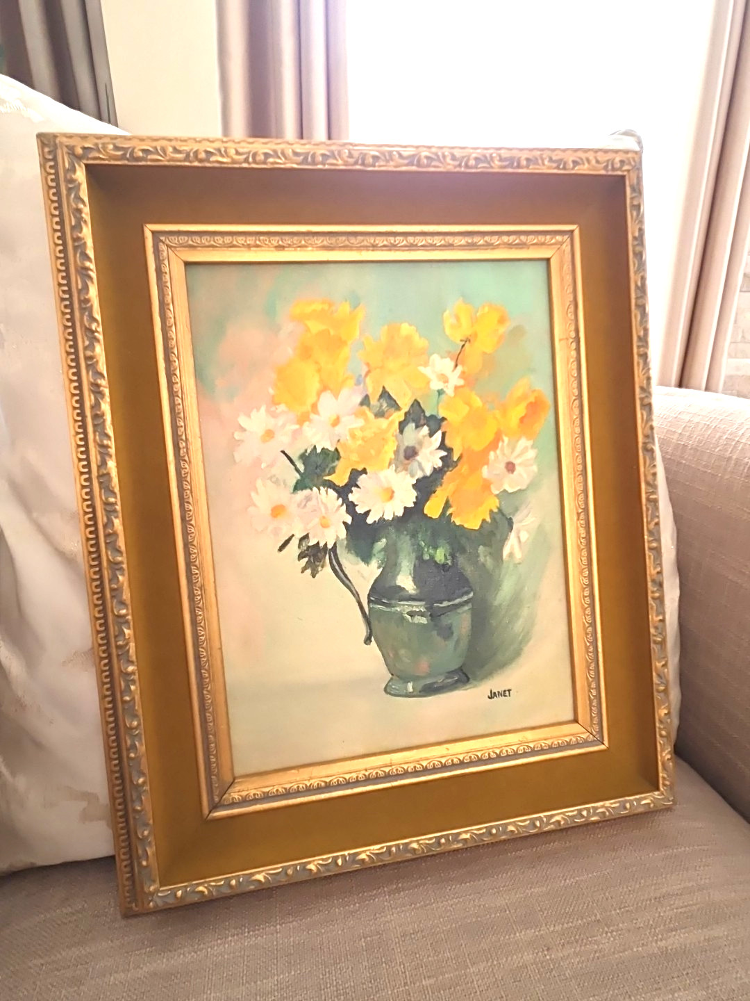 Vintage Oil Painting Still Life Flowers Vase Signed Janet Framed 17×14