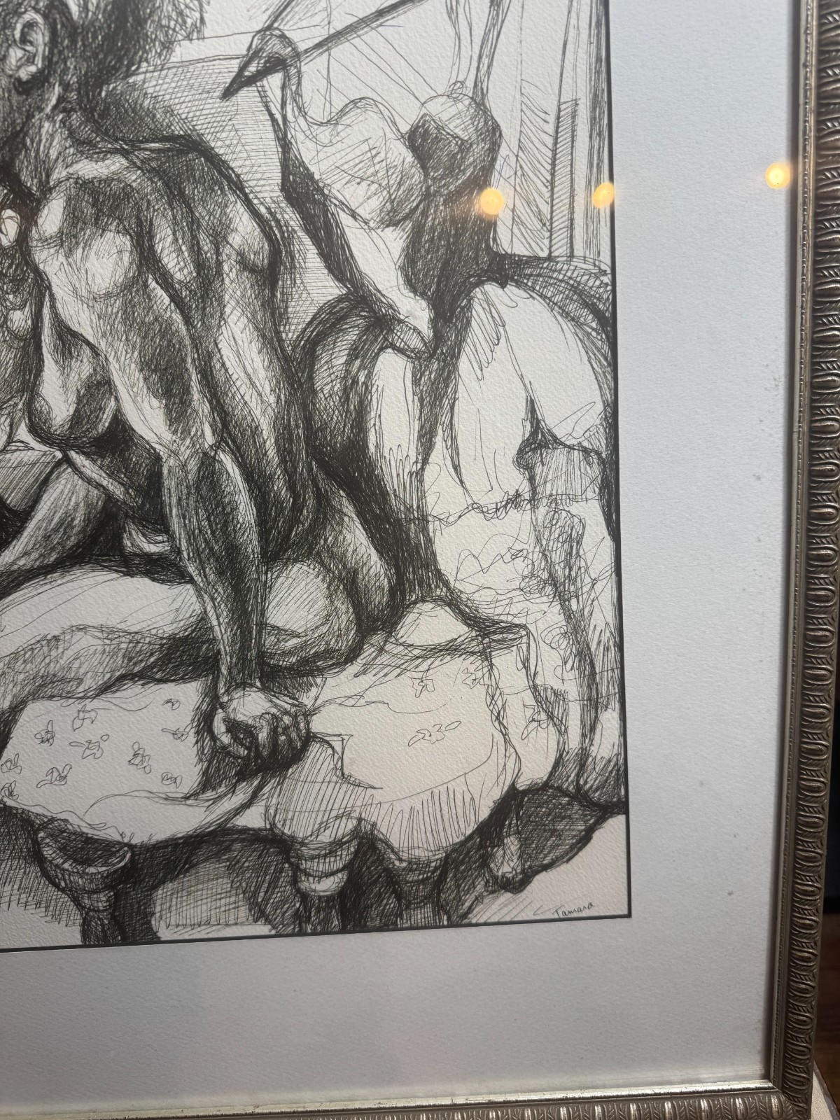 Tamara Signed Modernist Female Nude Bedroom Pen Ink Drawing Framed VG Cond 24×18