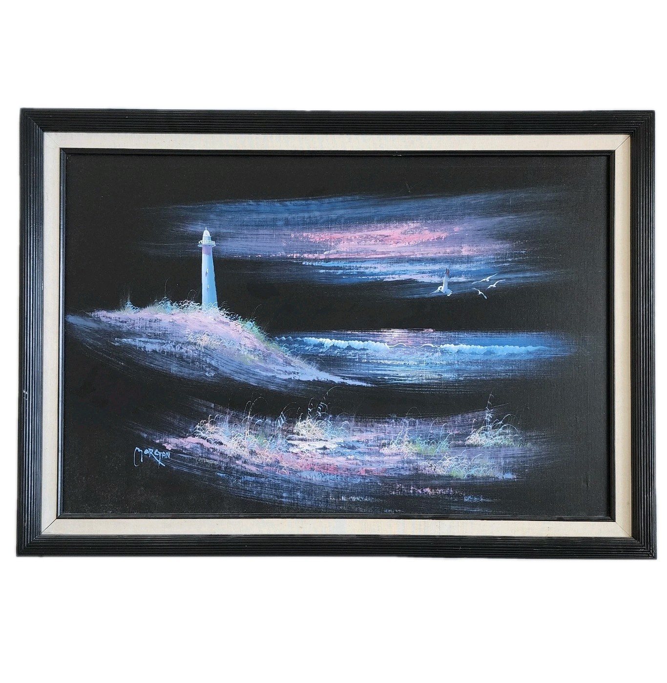 Morgan Vintage Original Oil Painting Lighthouse Moonlit Seascape Framed 41×29