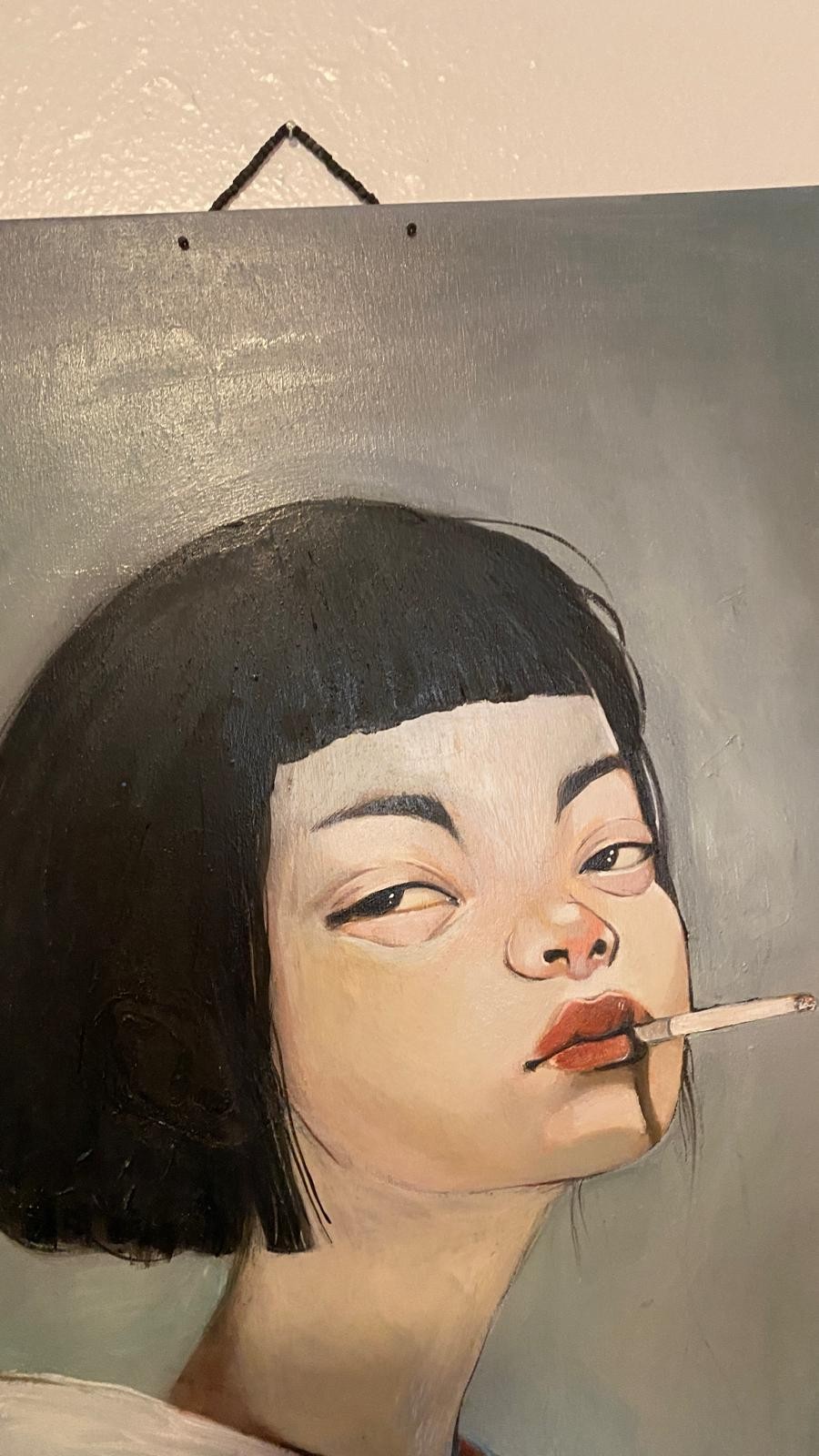 Original Oil Painting woman portrait smoking girl wood 18×24 I’m on my break!