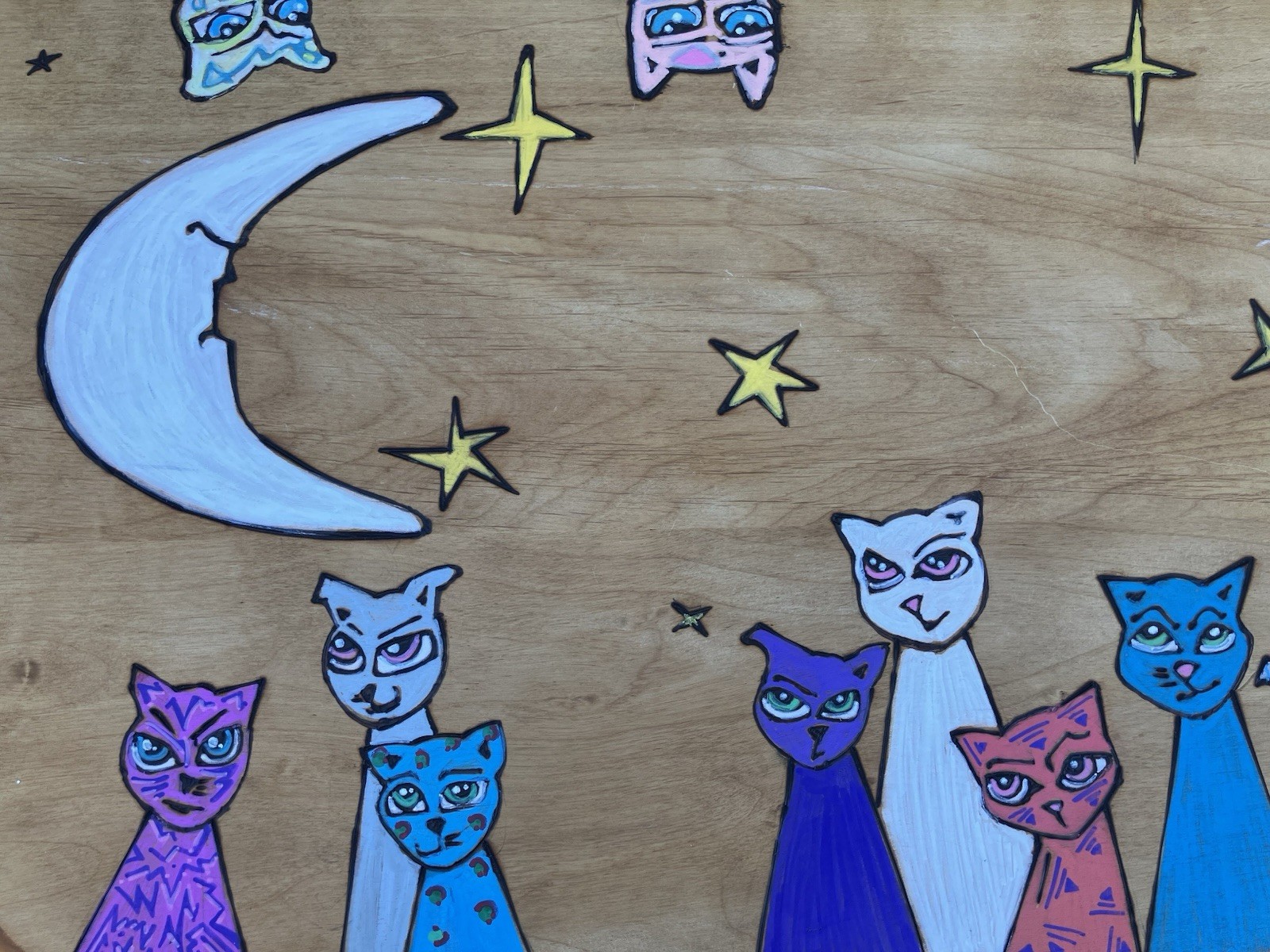 Hand Painted CAT Coffee Table * CATS * Signed Aubri Dunklee * Moon and STAR