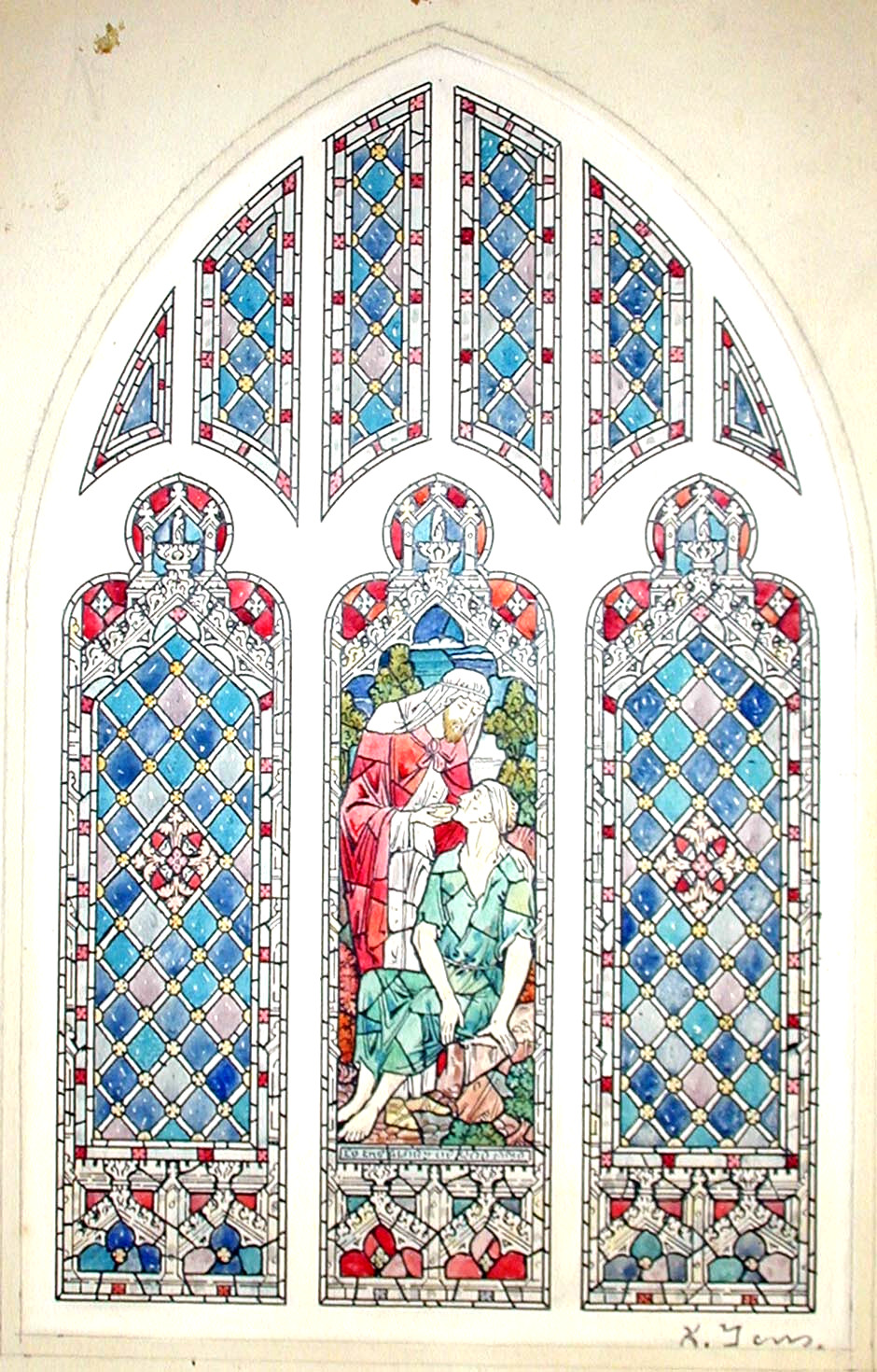 PRICE DROP California Watercolor KARL YENS Stain Glass Design ca 1910 9.5″ x 7″