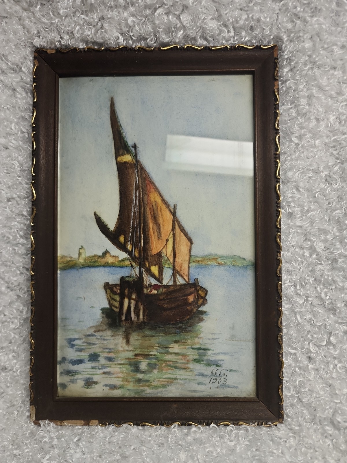 Antique 1903 Watercolor Sailboat, Signed G.G., Geneva Nautical Framed Art