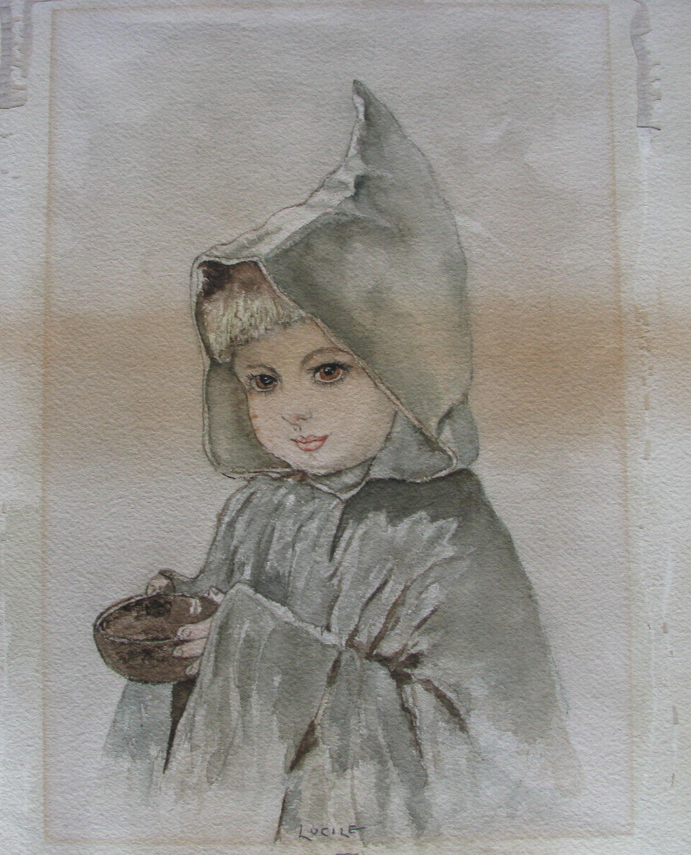 c1890s STREET URCHIN Genre Children Watercolor Painting ‘LITTLE GRACE ‘ antique