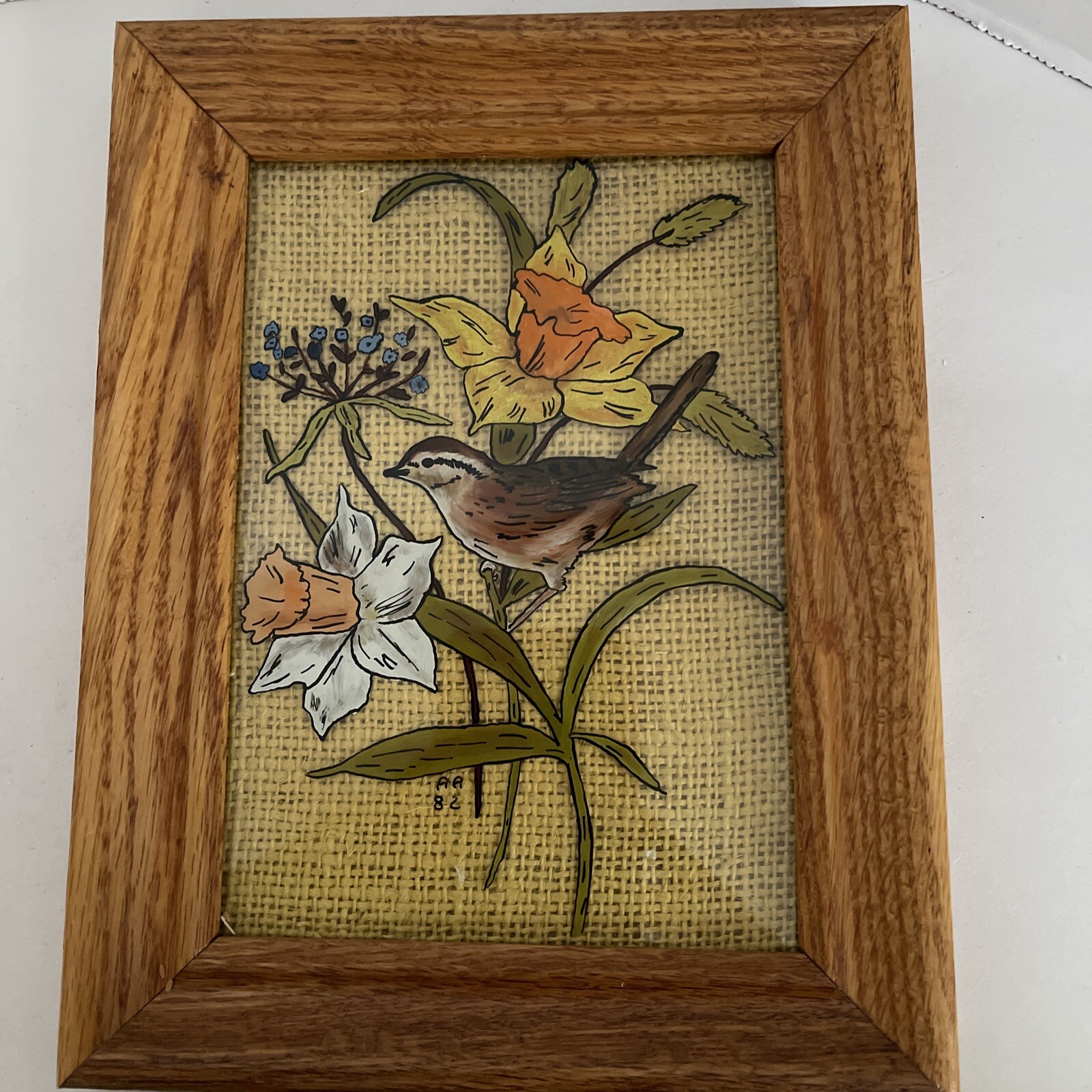 Bird Flowers Reverse-Painted Glass Wall Hanging Art Framed Signed Vintage 9×7”