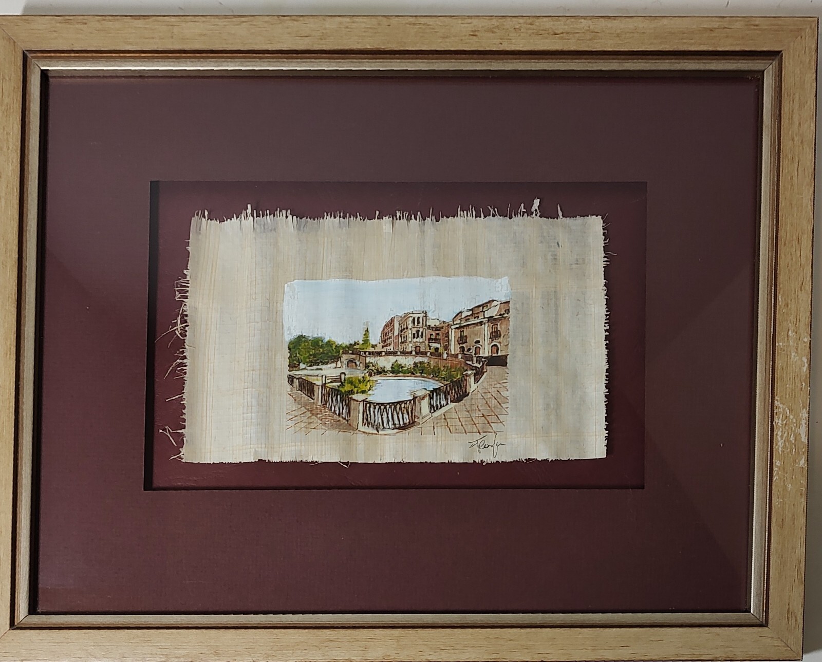 Original Painting Papyrus Italian Piazza Matted and Framed Signed 11.5 x 14 in