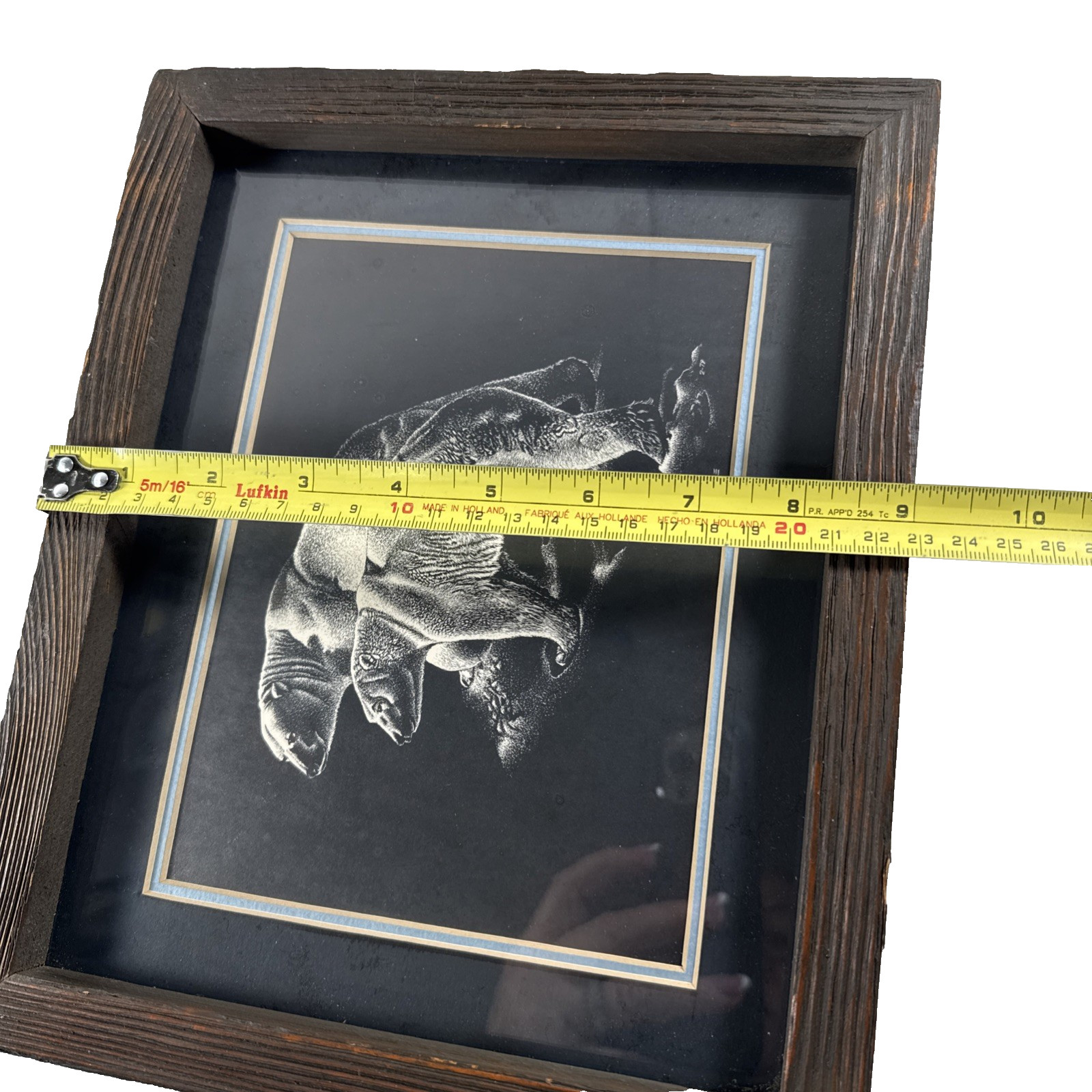 Ray Baron Signed Art Scratchboard Drawing Polar Bears (Frame 11″ x 9″)