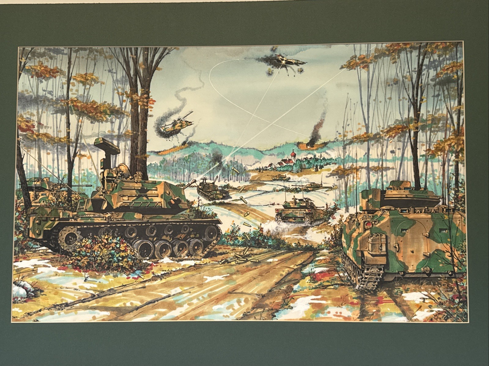 Vintage War Battle Painting Tanks Jets Helicopter Bombing Missiles Illustration