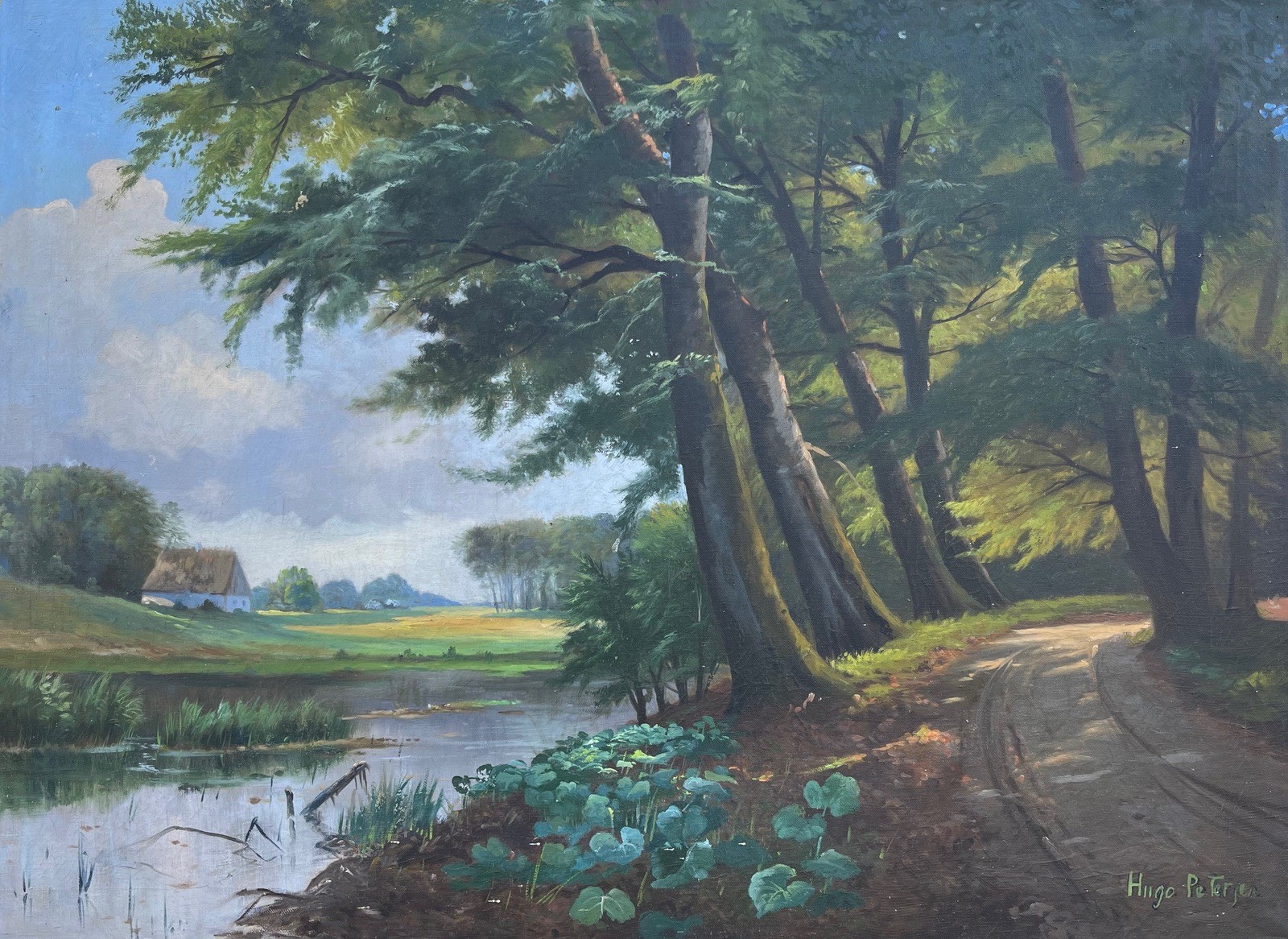Impressionist Hugo Petersen Idyllic Summer Landscape Oil Antik 34 5/8×25 5/8in