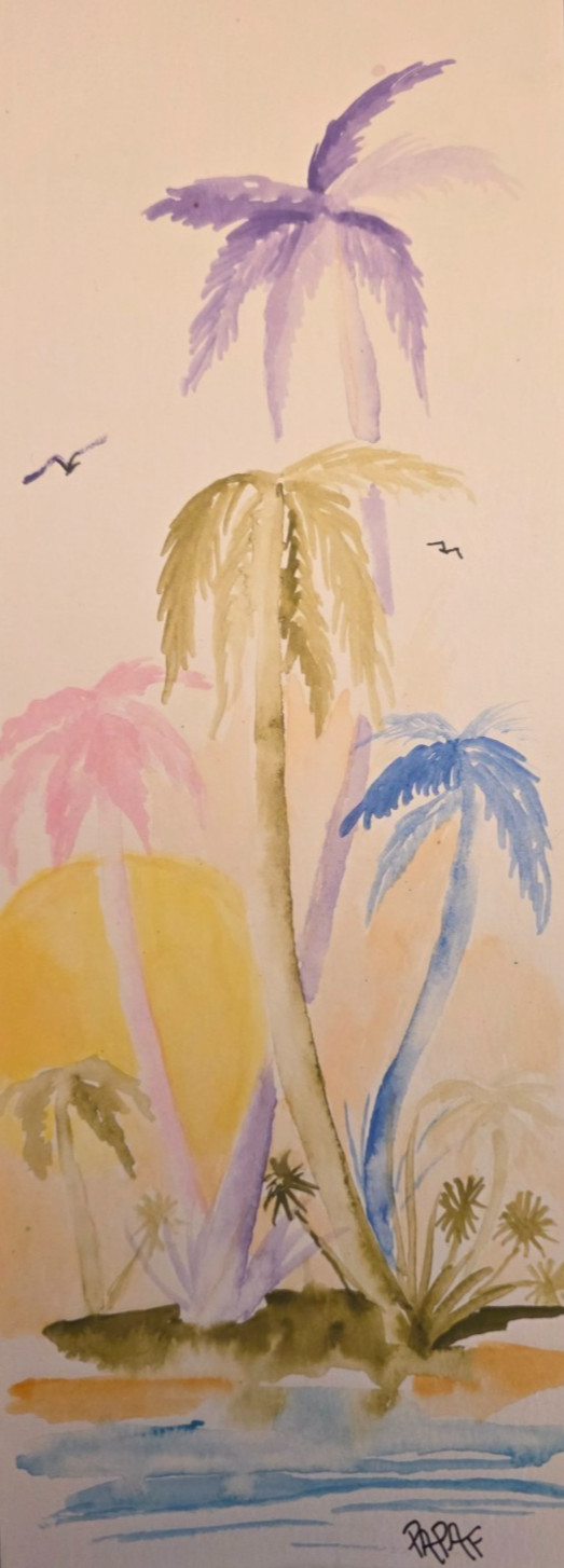 Original Tropical Palm Tree Watercolor Painting Coastal Beach Art 4×11 PapaF